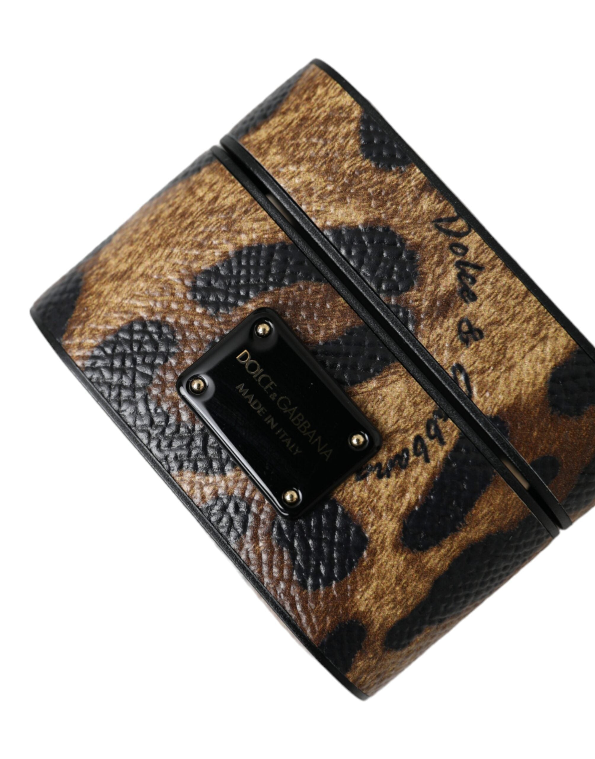 Brown Leopard Calf Leather Metal Logo Plaque Airpods Case - ventzia