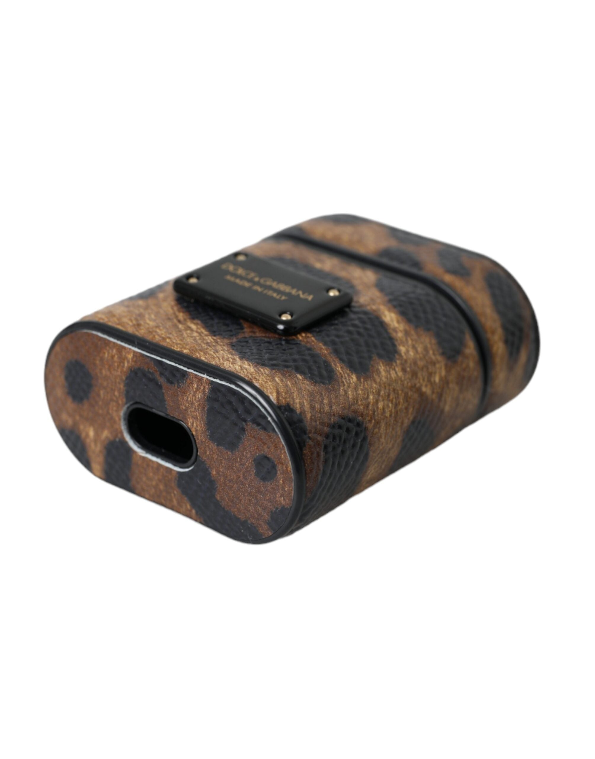 Brown Leopard Calf Leather Metal Logo Plaque Airpods Case - ventzia