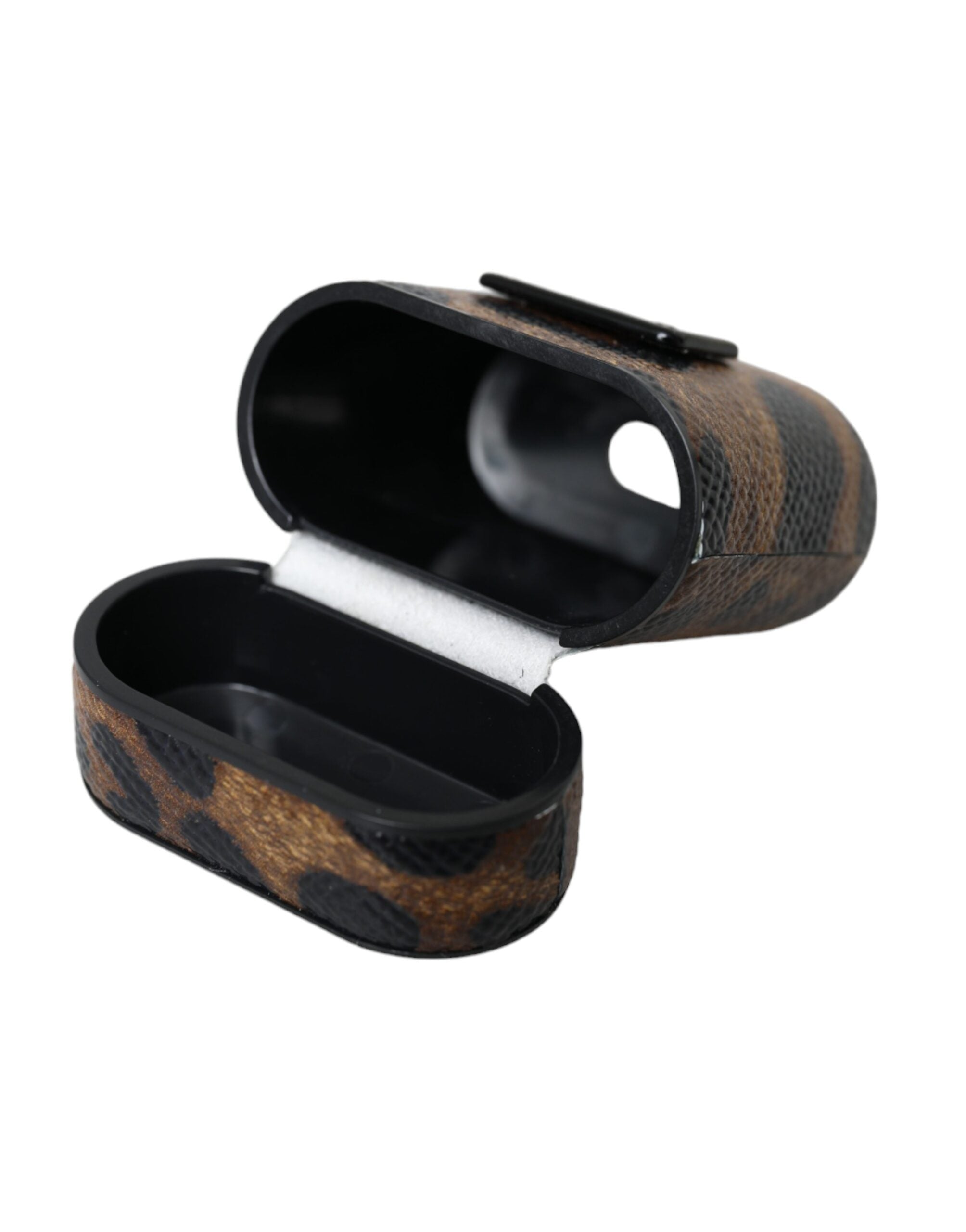 Brown Leopard Calf Leather Metal Logo Plaque Airpods Case - ventzia