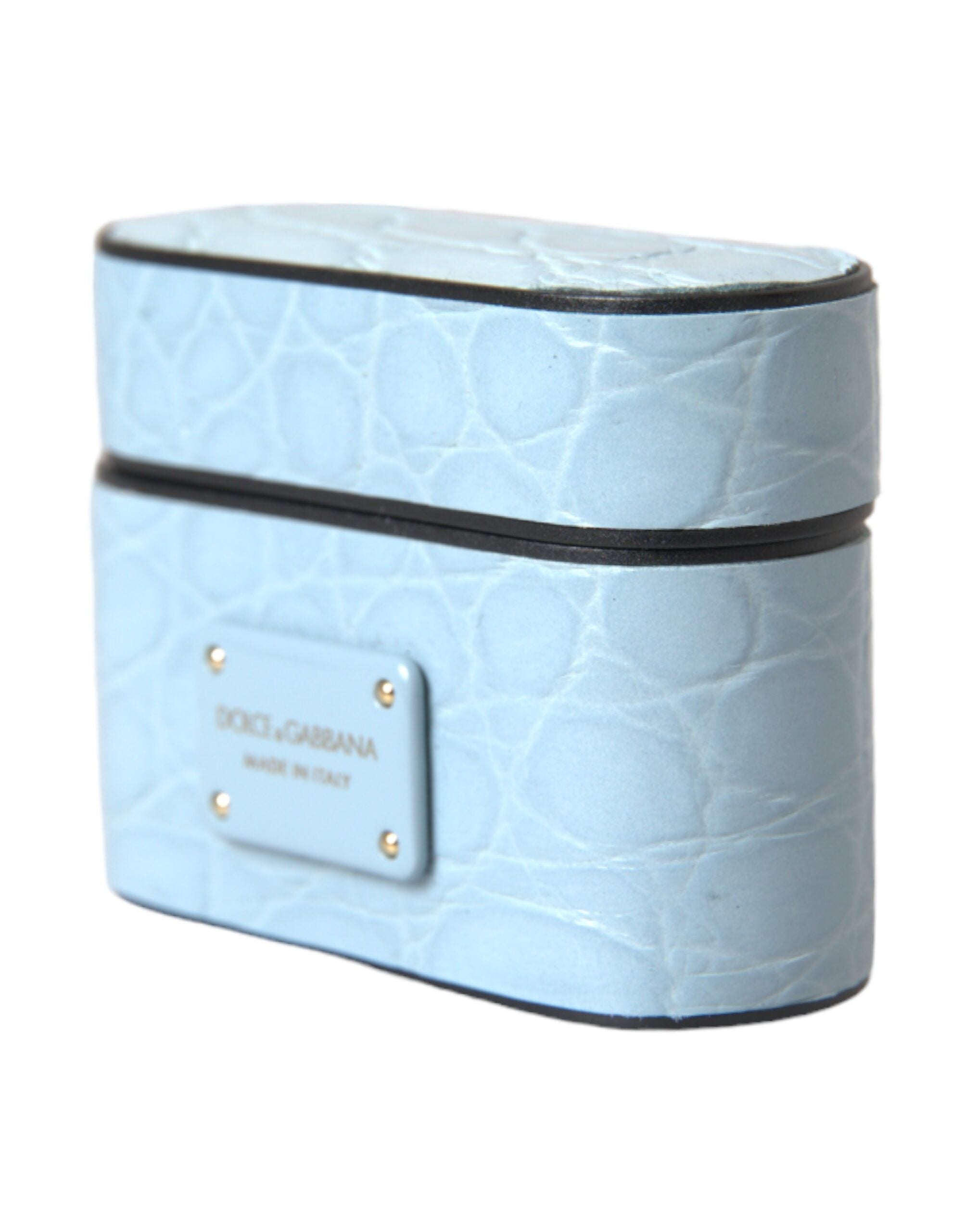 Light Blue Leather Metal Logo Plaque Airpods Case - ventzia