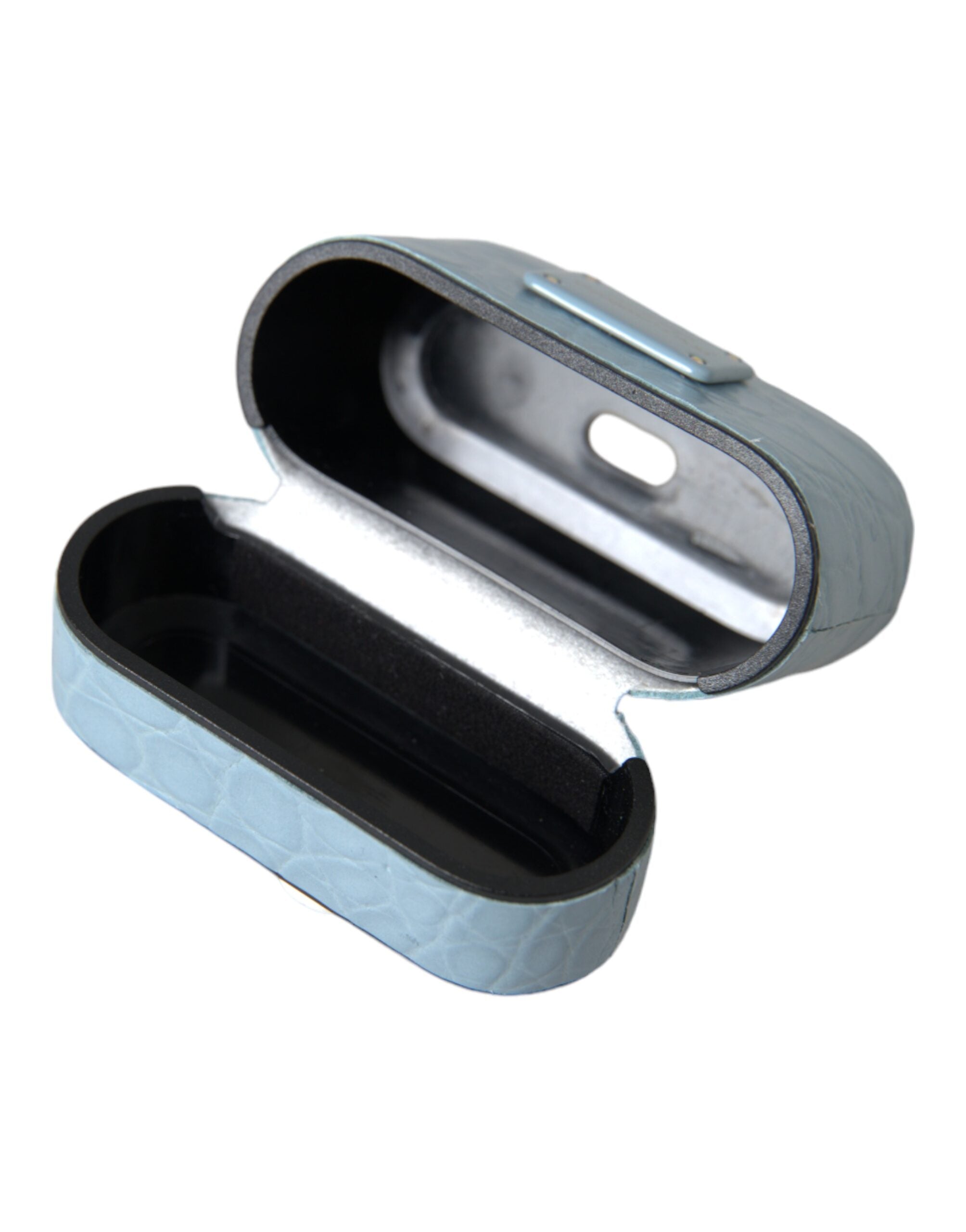 Light Blue Leather Metal Logo Plaque Airpods Case - ventzia