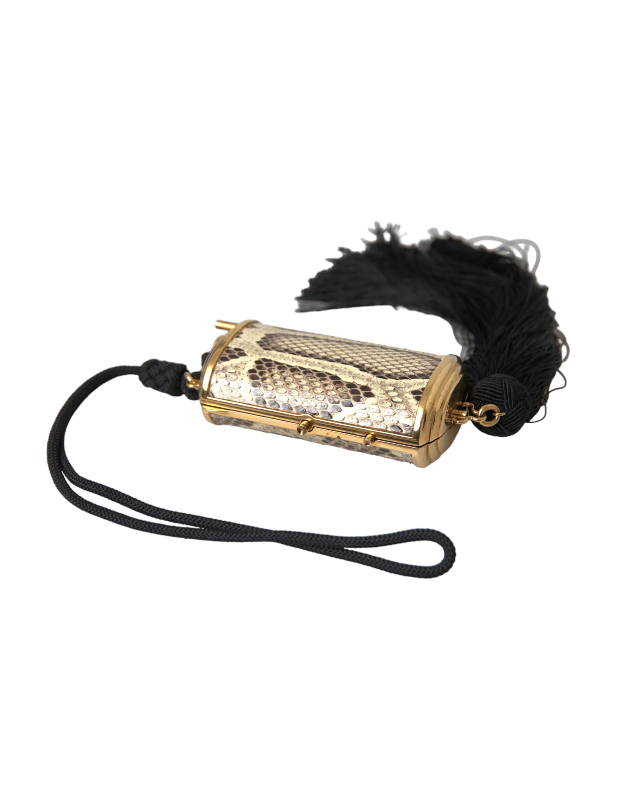 Beige Exotic Leather Mini Mirror Tassel Make Up Holder Bag - ventzia