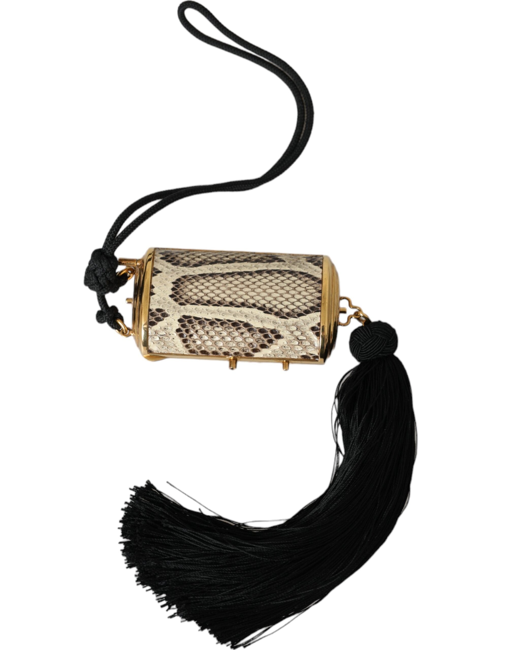 Beige Exotic Leather Mini Mirror Tassel Make Up Holder Bag - ventzia