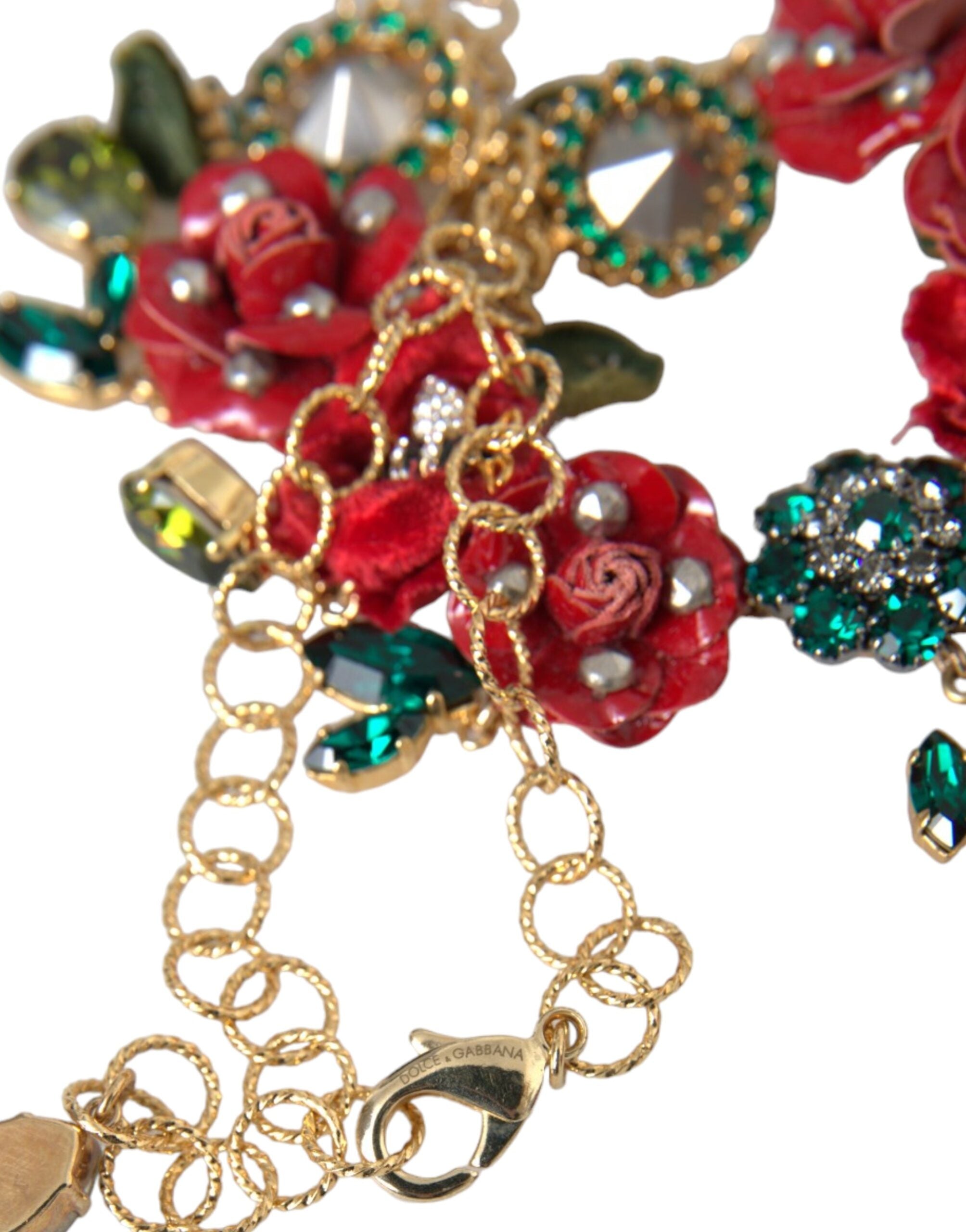 Gold Brass Link Chain RosePetal Crystal Pendant Necklace - ventzia