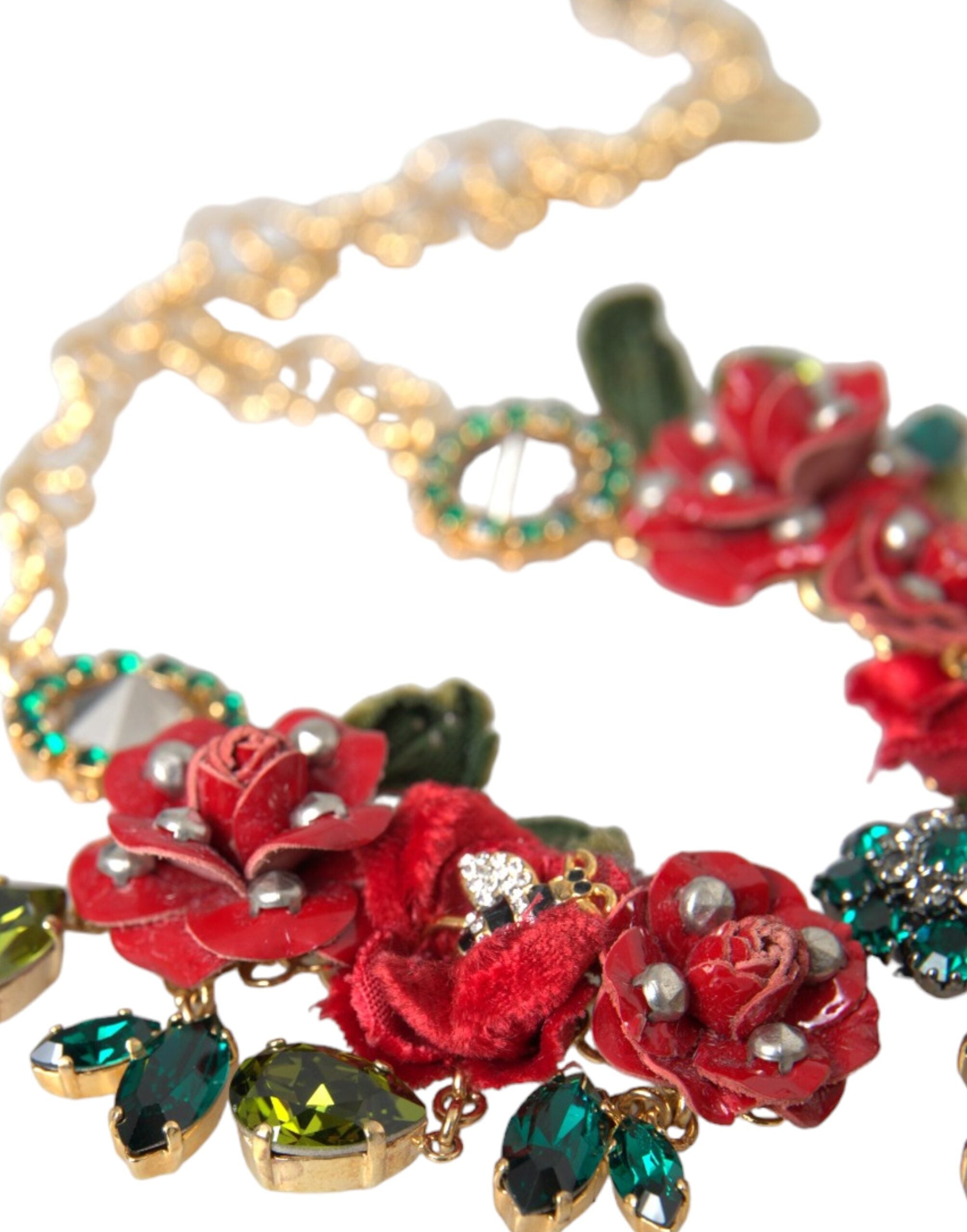 Gold Brass Link Chain RosePetal Crystal Pendant Necklace - ventzia