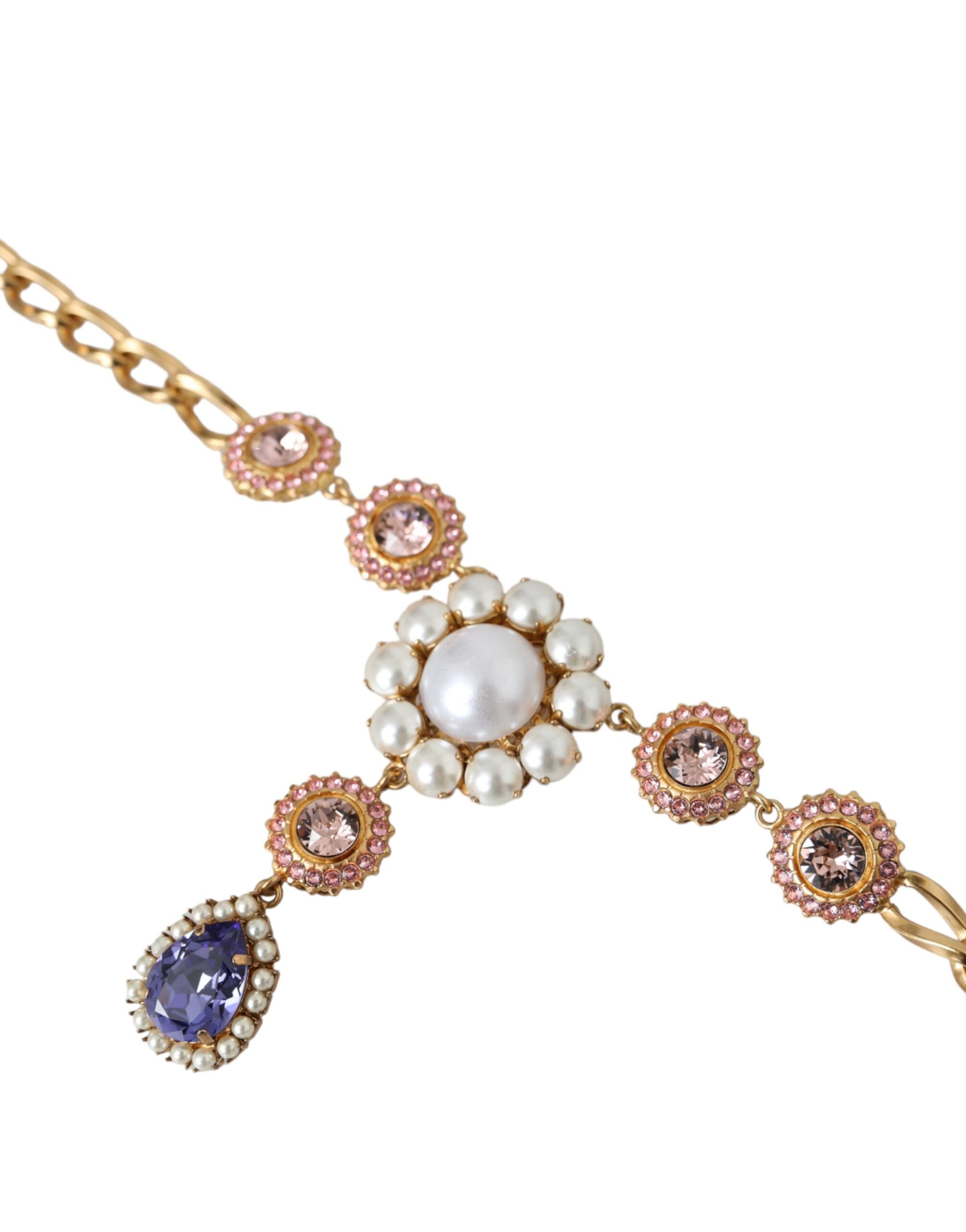 Gold Brass Crystal Purple Pink Pearl Pendants Necklace - ventzia