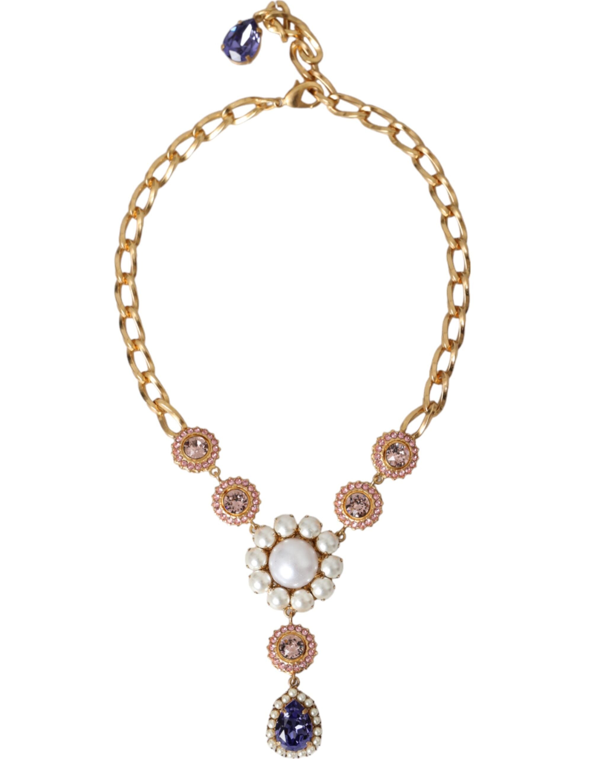 Gold Brass Crystal Purple Pink Pearl Pendants Necklace - ventzia