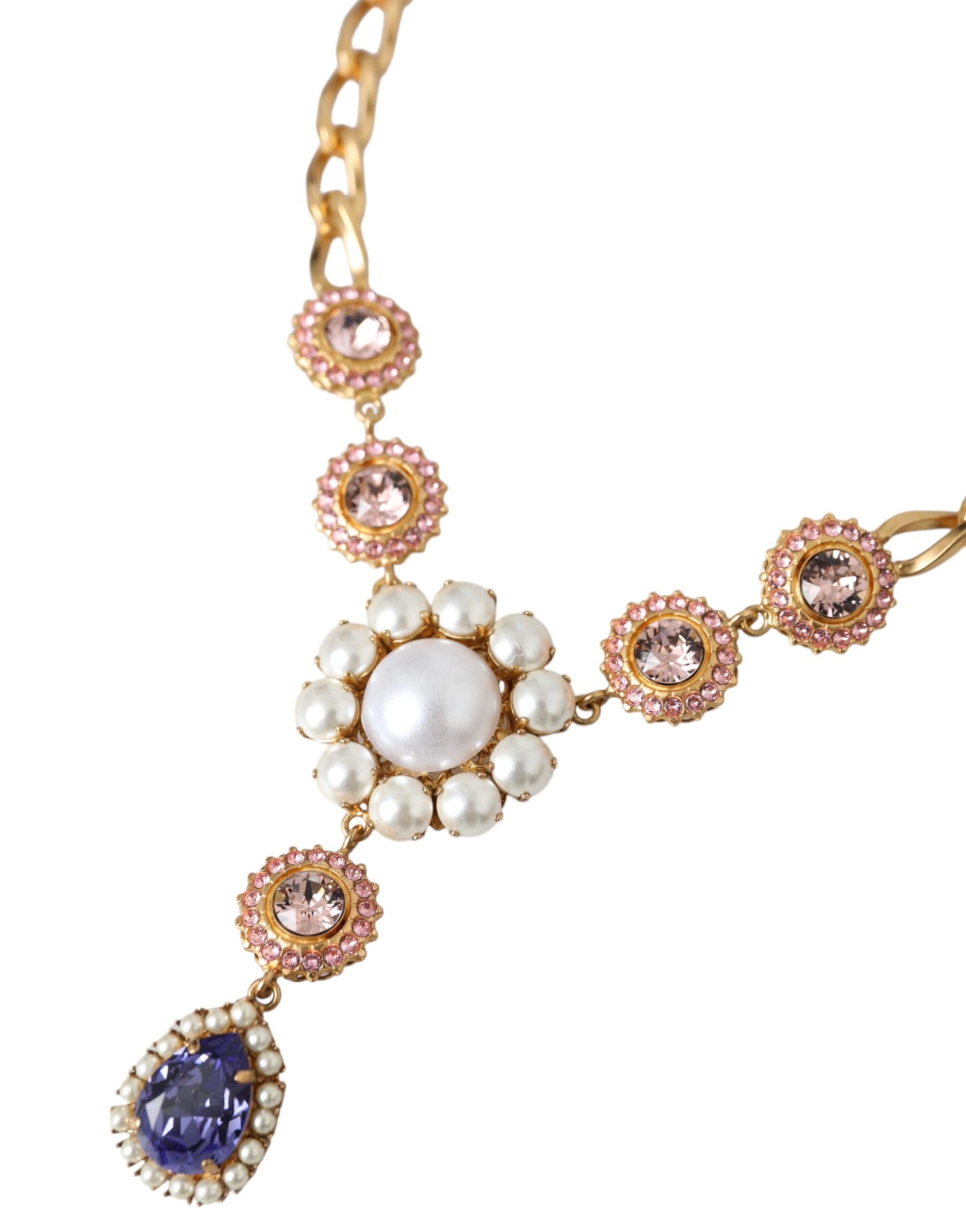 Gold Brass Crystal Purple Pink Pearl Pendants Necklace - ventzia