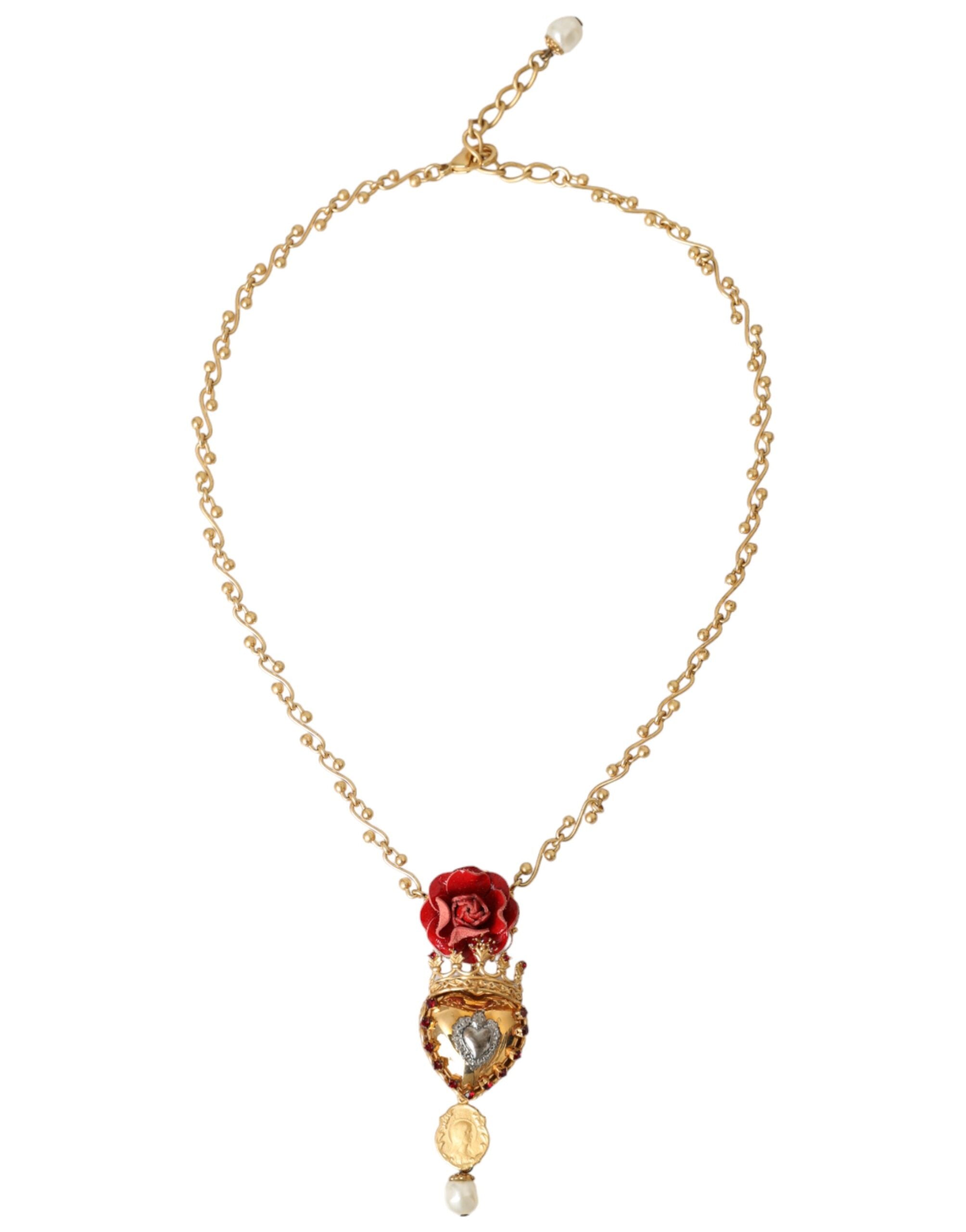 Gold BrassChain Sacred Heart Rose Crystal Charm Necklace - ventzia