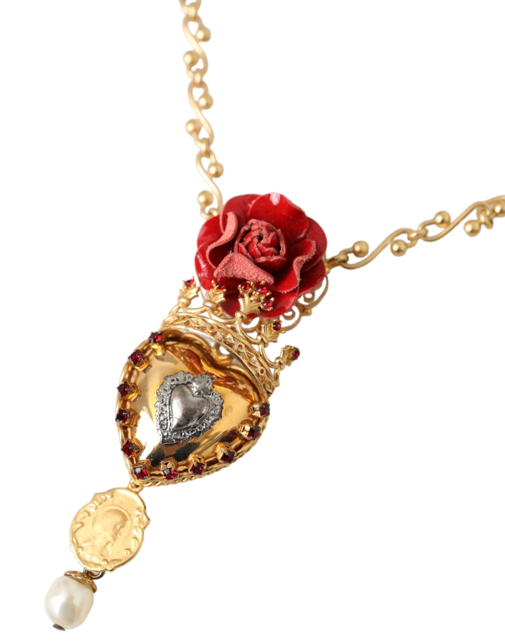 Gold BrassChain Sacred Heart Rose Crystal Charm Necklace - ventzia