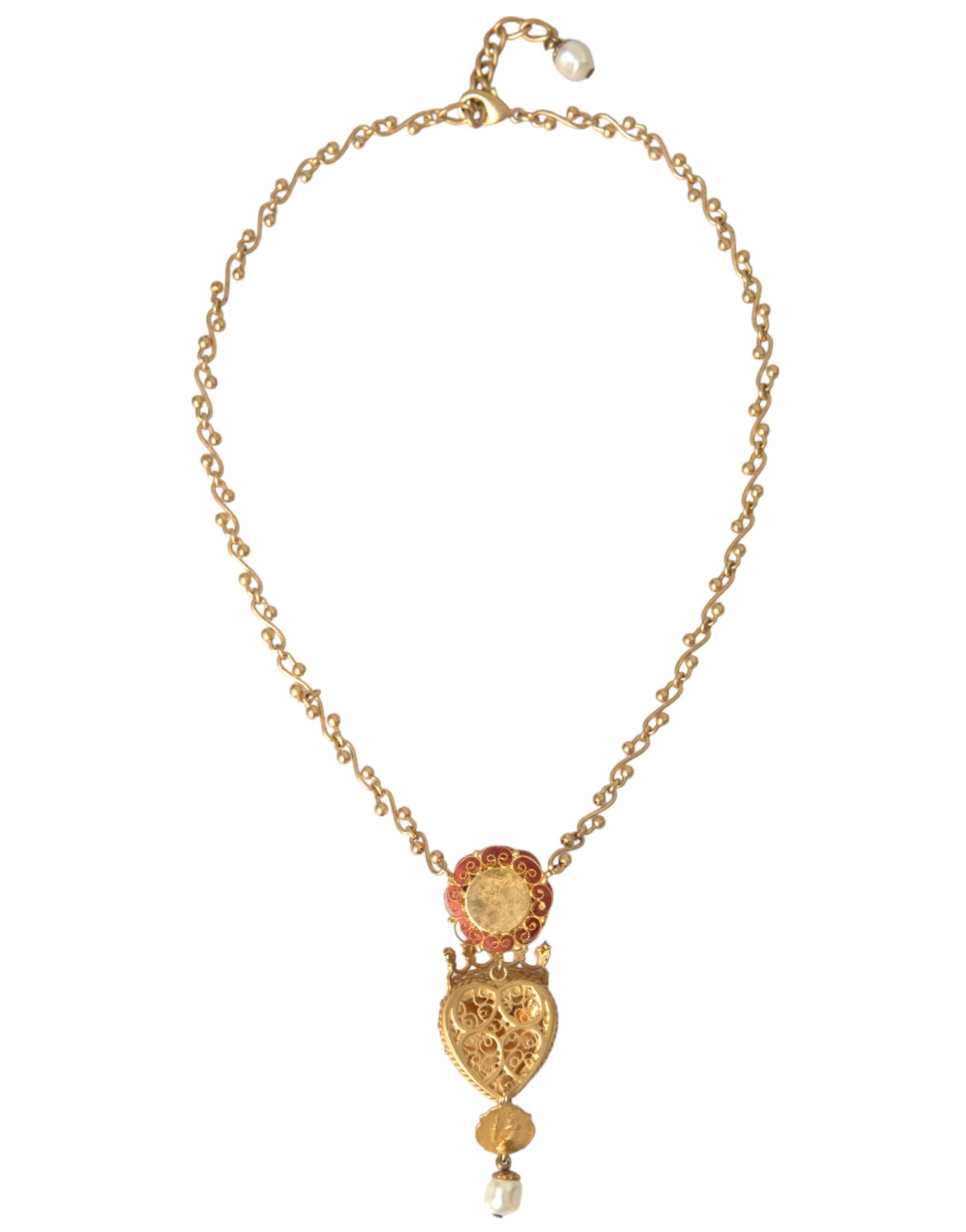 Gold BrassChain Sacred Heart Rose Crystal Charm Necklace - ventzia