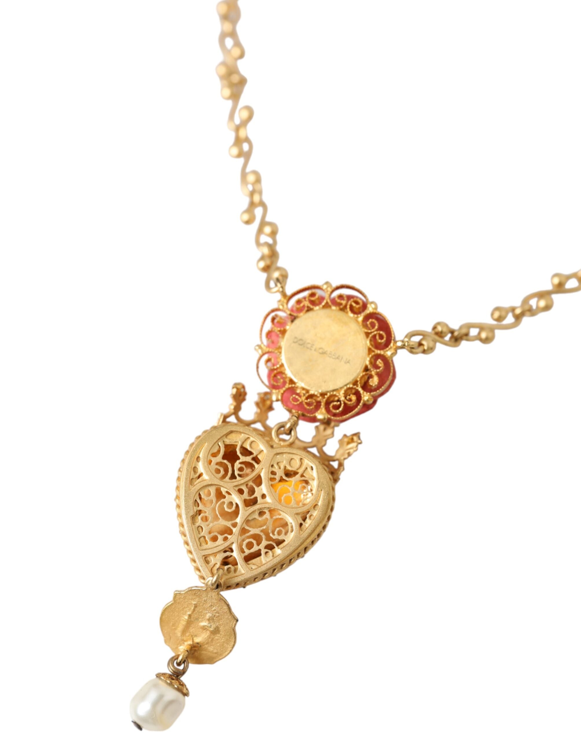 Gold BrassChain Sacred Heart Rose Crystal Charm Necklace - ventzia
