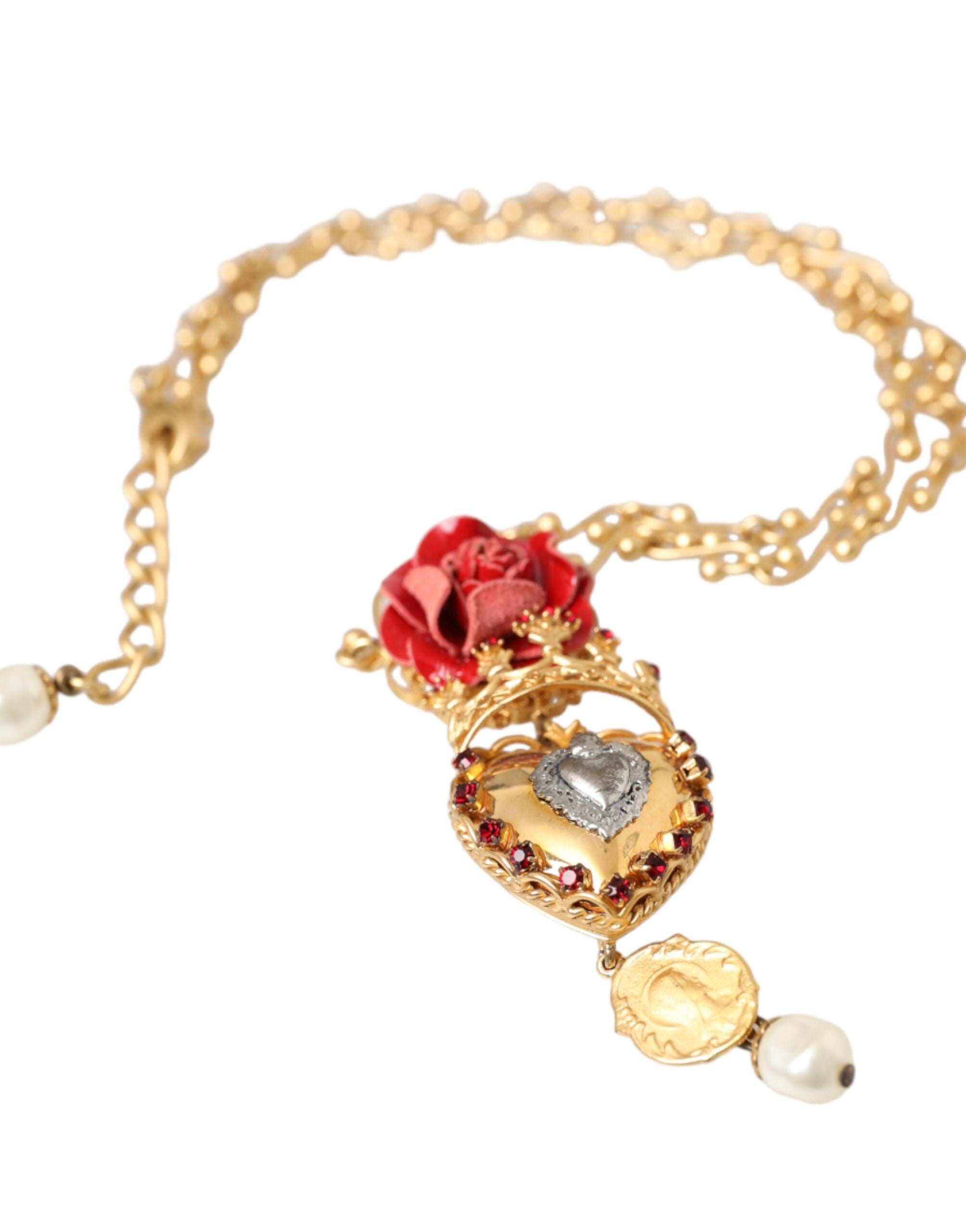 Gold BrassChain Sacred Heart Rose Crystal Charm Necklace - ventzia