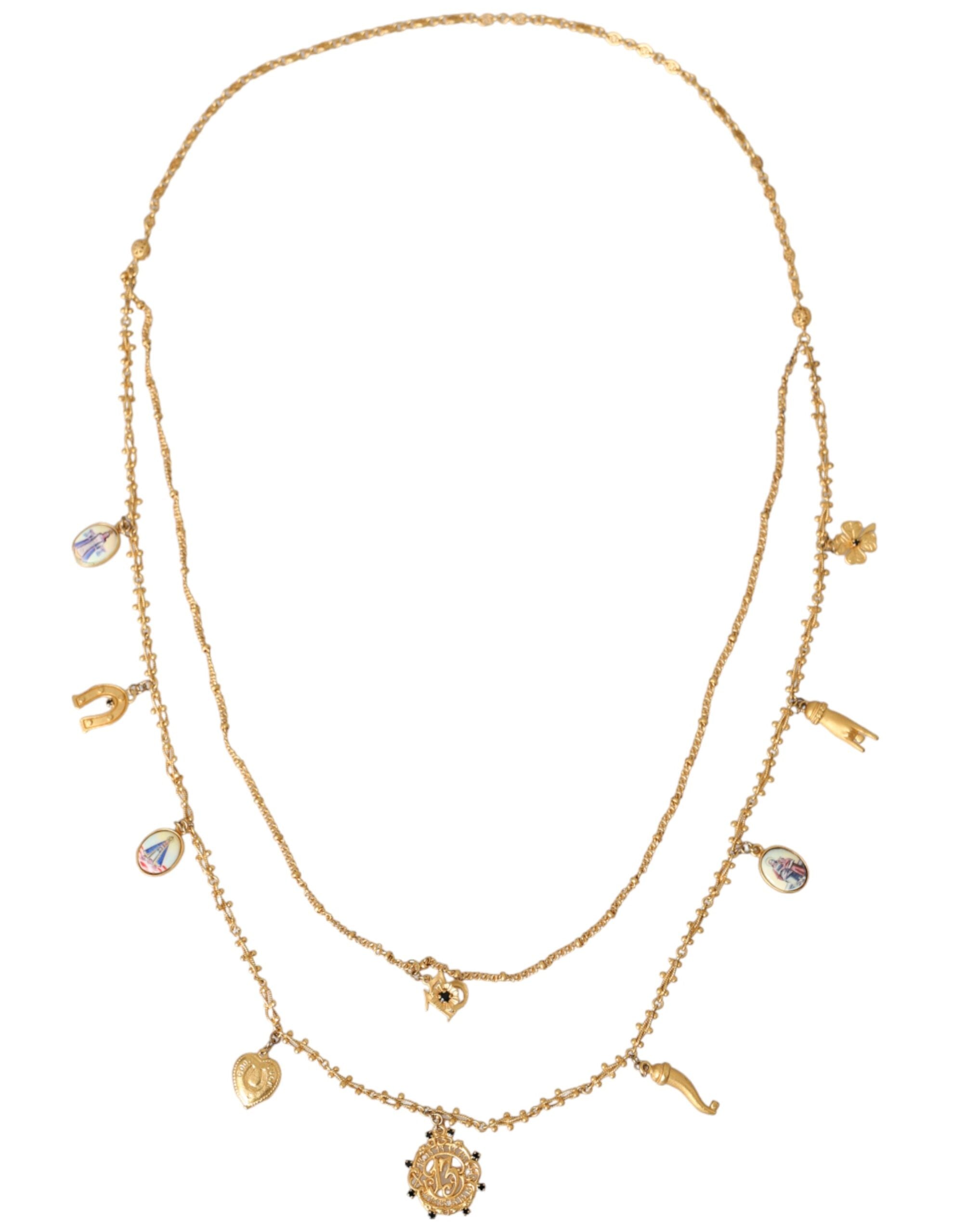 Gold Tone Chain Brass Charm Statement Sicily Necklace - ventzia