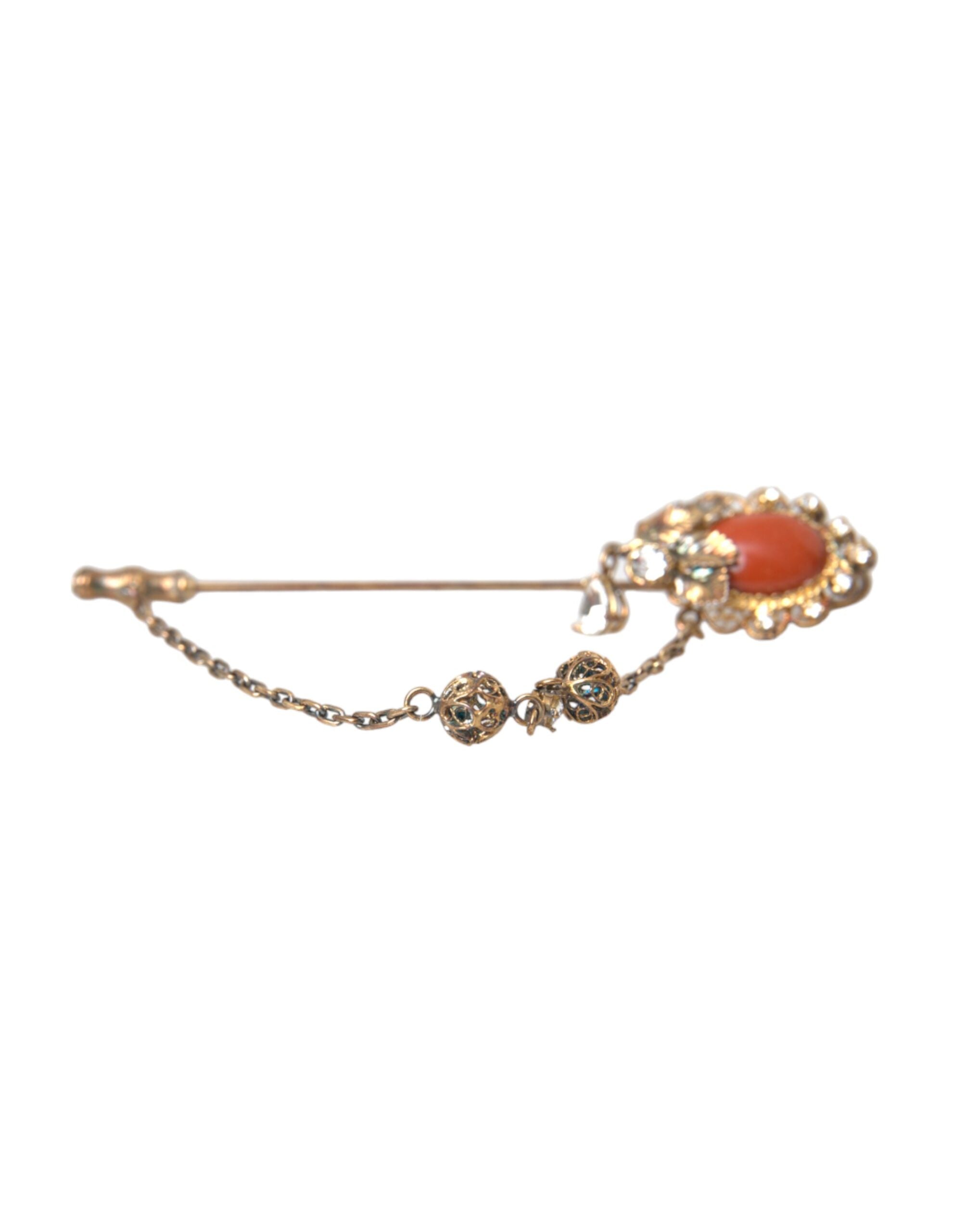 Gold Brass Crystal Chain 925 Sterling Silver Pin Brooch - ventzia