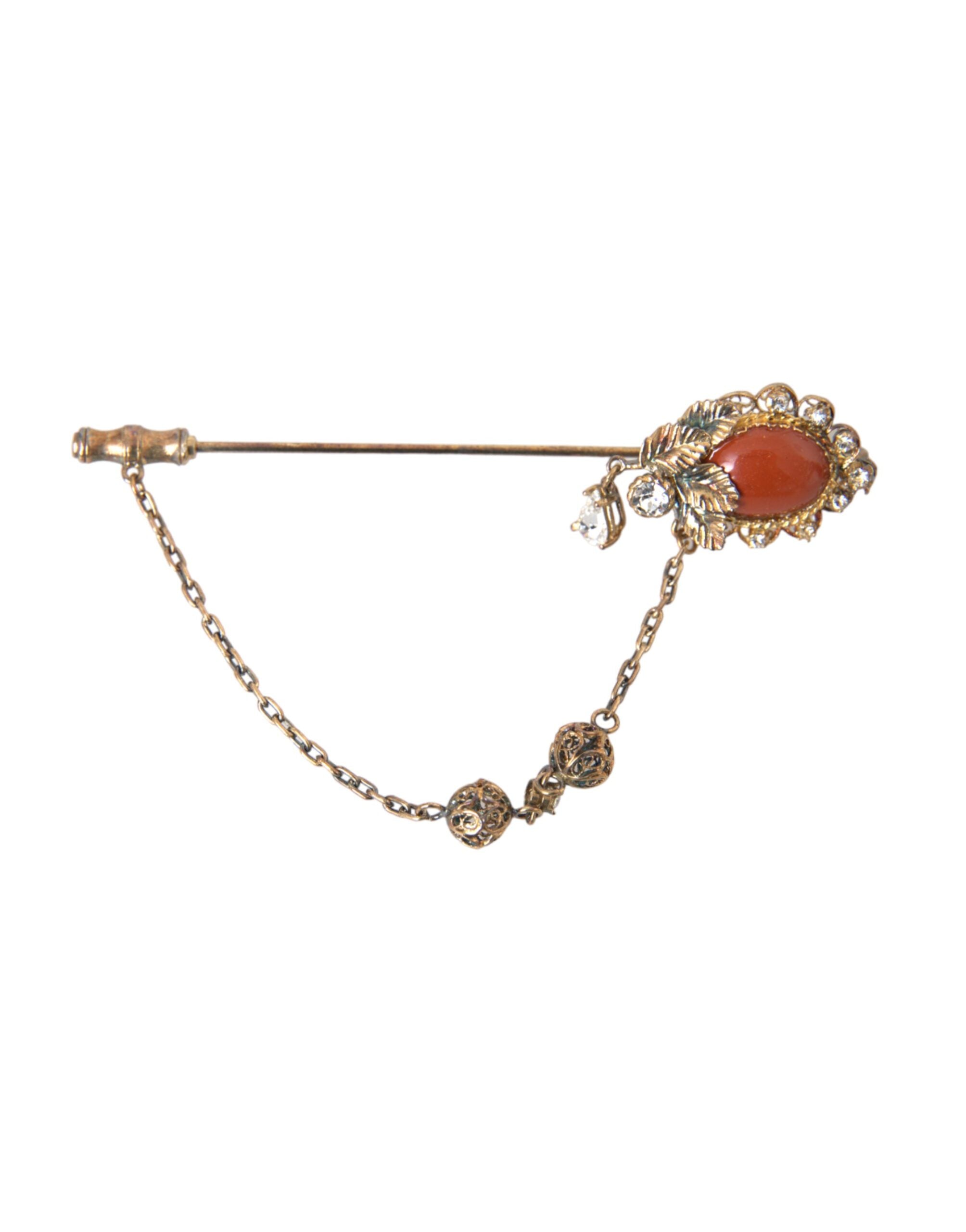 Gold Brass Crystal Chain 925 Sterling Silver Pin Brooch - ventzia