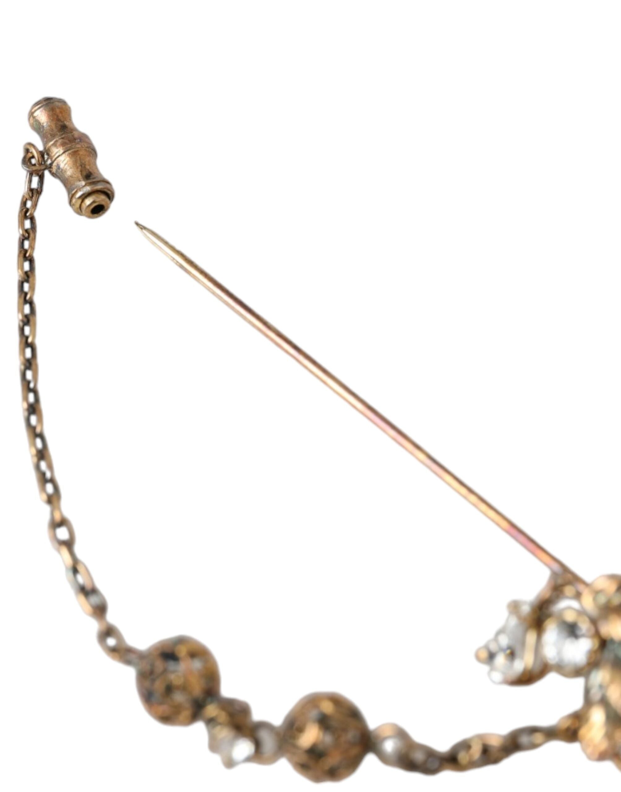 Gold Brass Crystal Chain 925 Sterling Silver Pin Brooch - ventzia