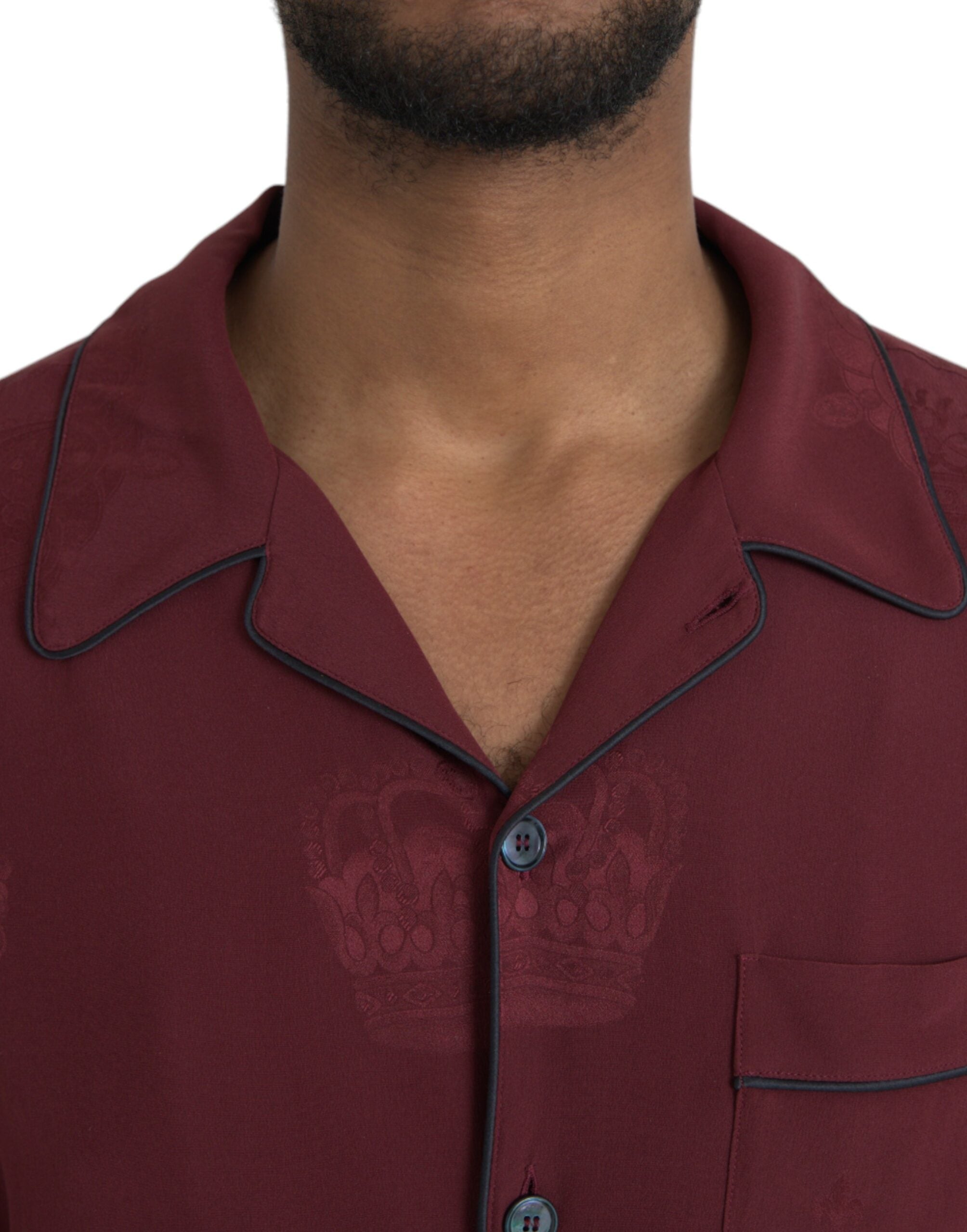Maroon Crown Jacquard Silk Long Sleeve Shirt - ventzia