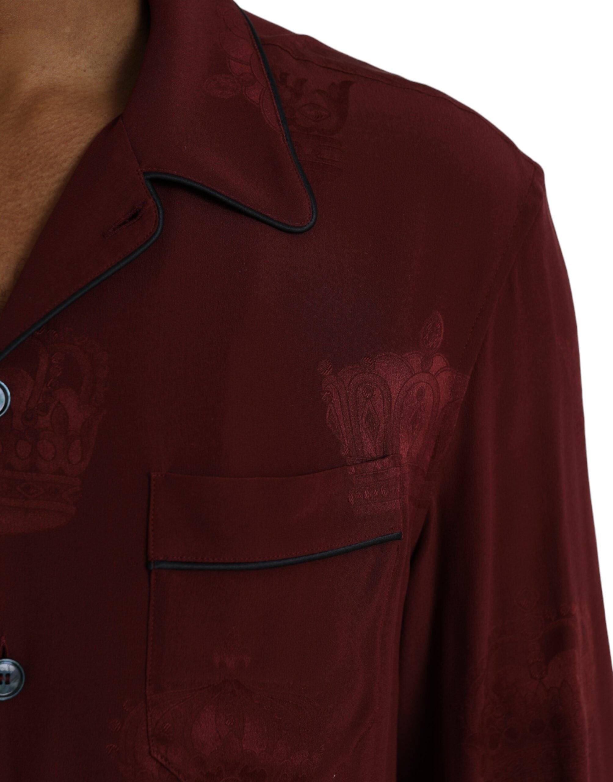 Maroon Crown Jacquard Silk Long Sleeve Shirt - ventzia