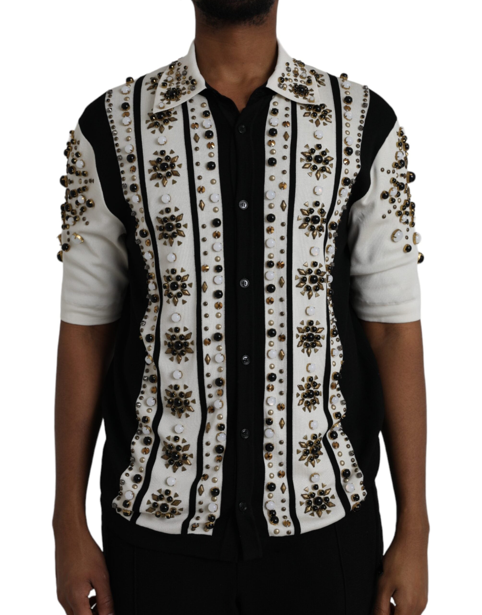 White Black Silk Studded Stone Crystal Shirt - ventzia