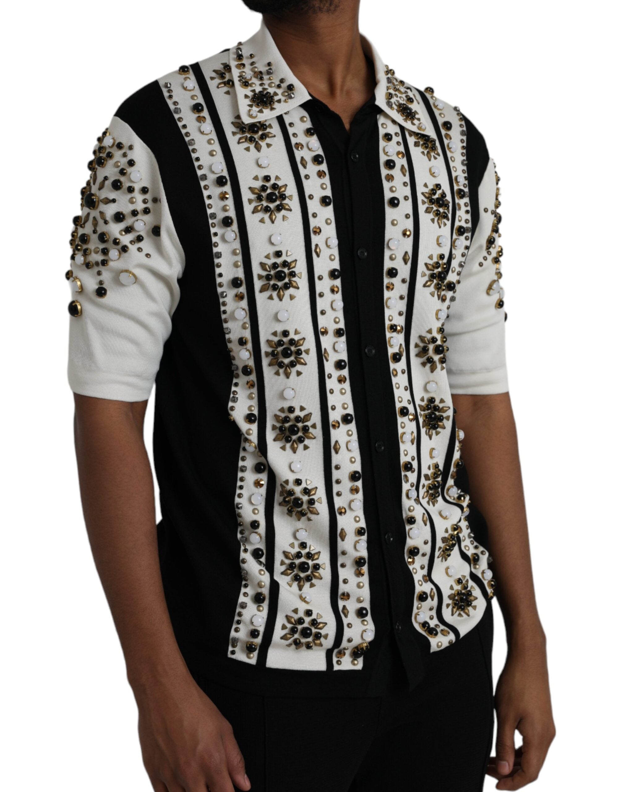 White Black Silk Studded Stone Crystal Shirt - ventzia