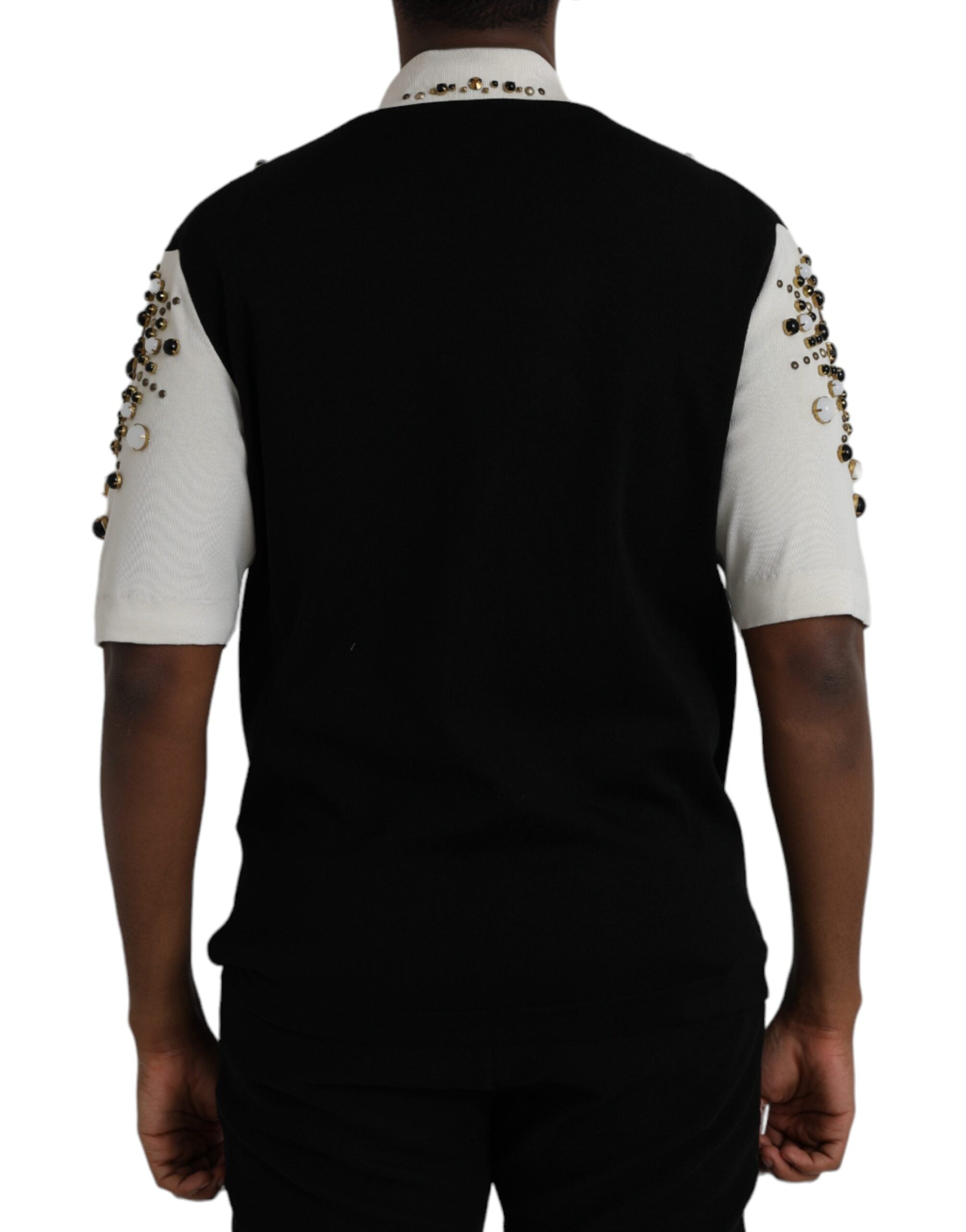 White Black Silk Studded Stone Crystal Shirt - ventzia