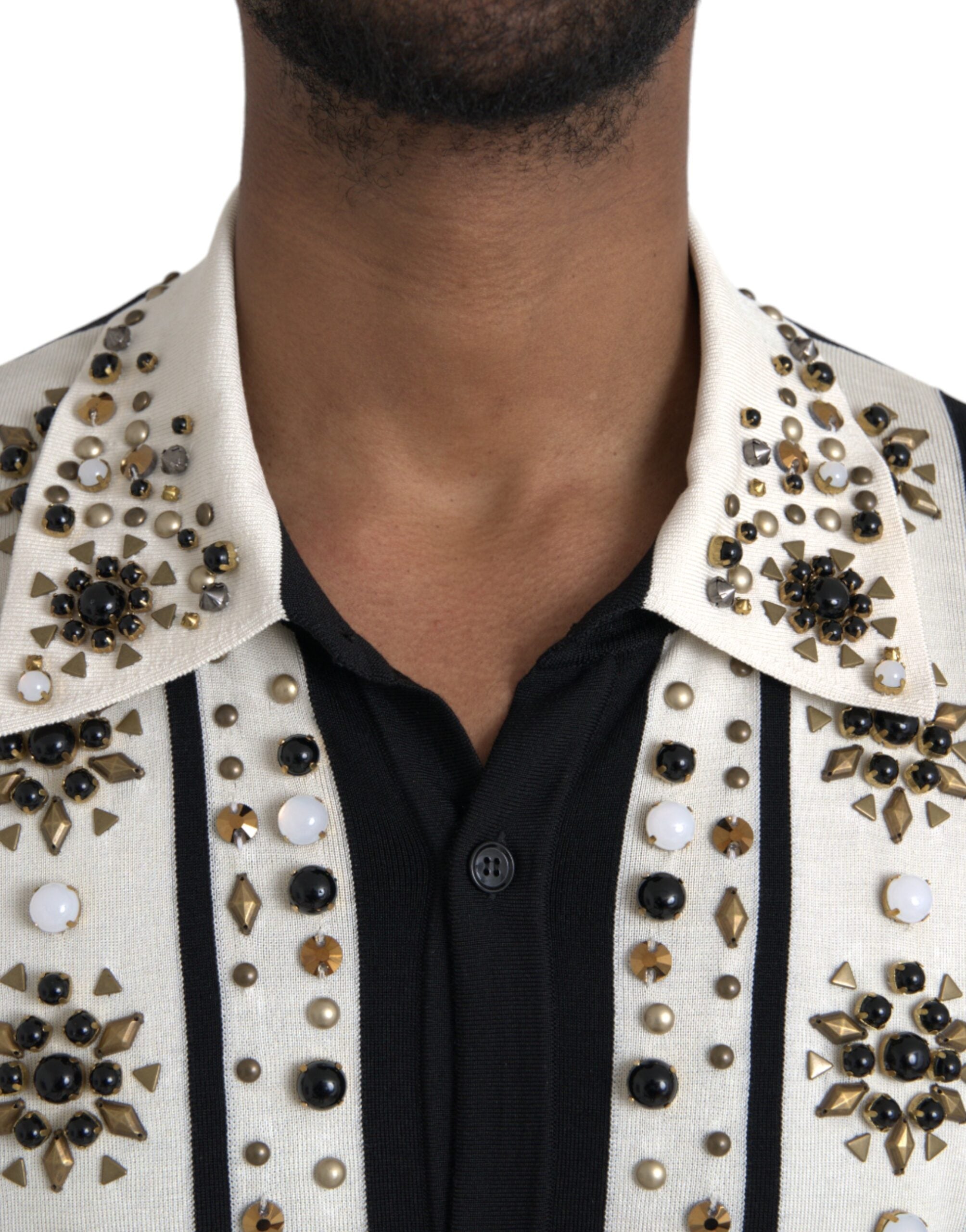 White Black Silk Studded Stone Crystal Shirt - ventzia
