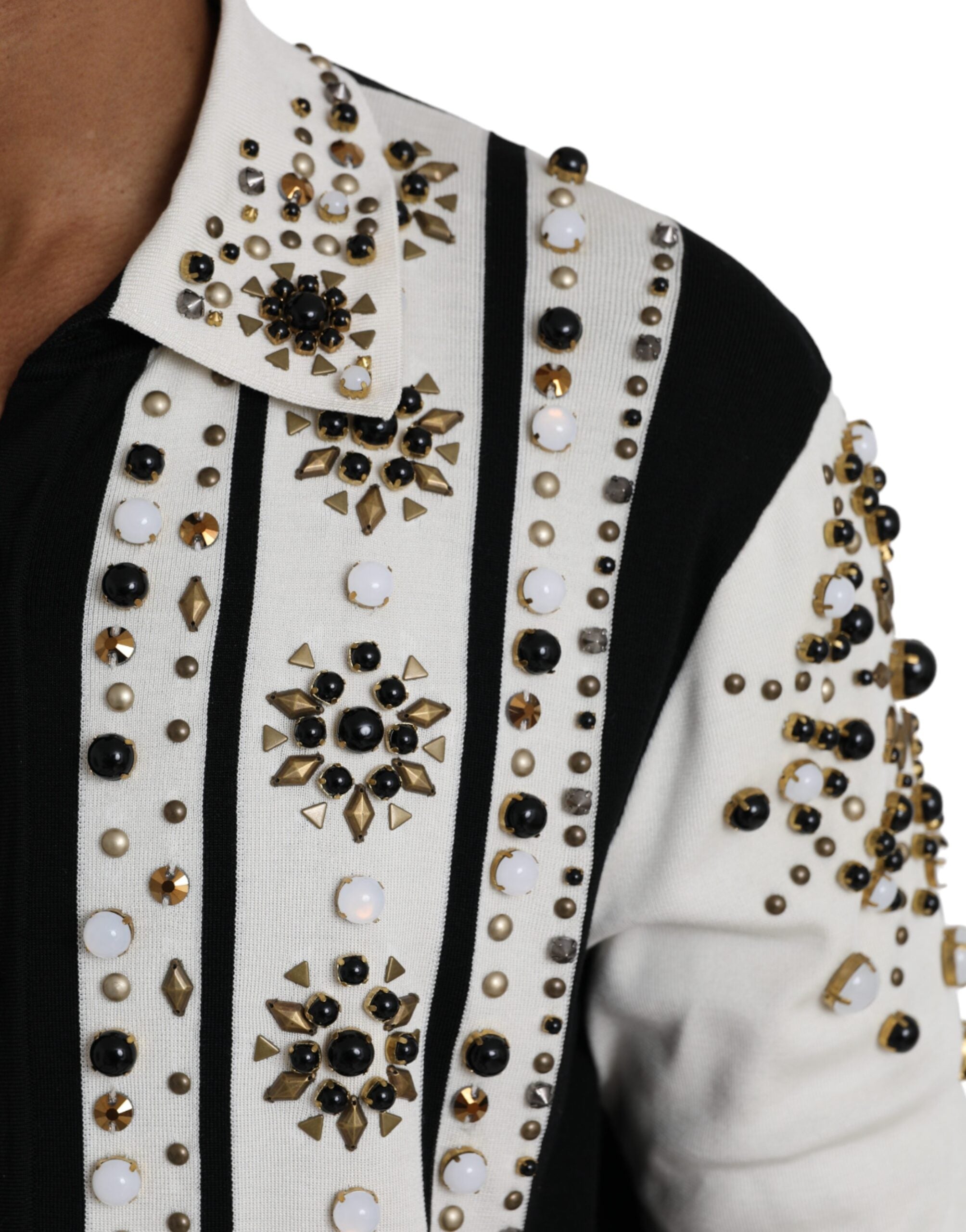 White Black Silk Studded Stone Crystal Shirt - ventzia