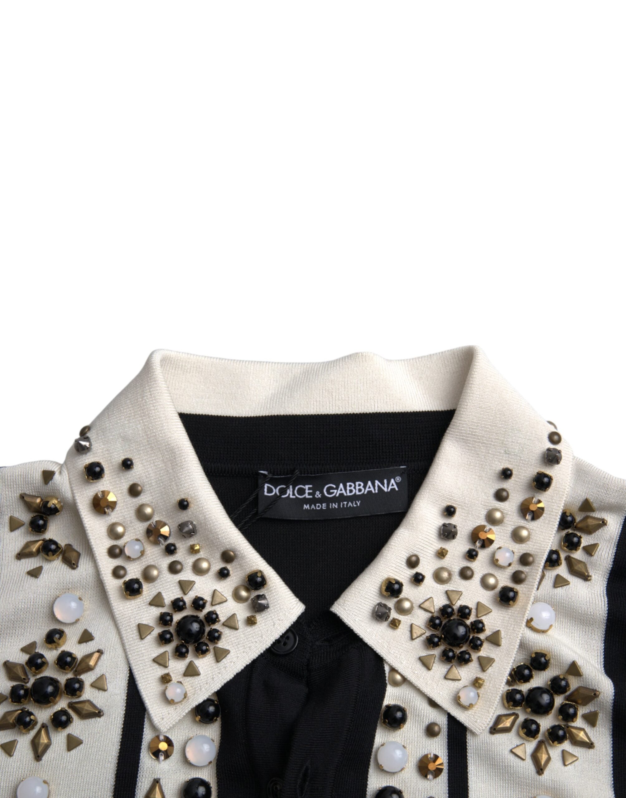 White Black Silk Studded Stone Crystal Shirt - ventzia