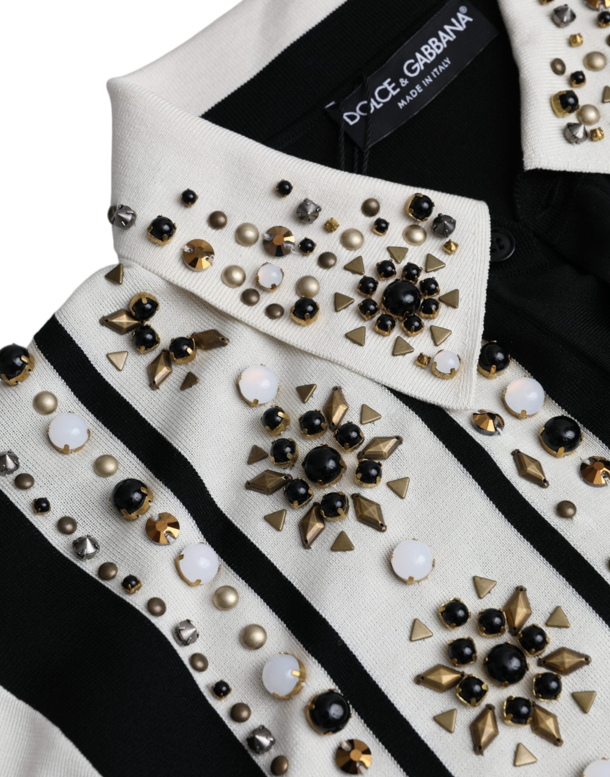White Black Silk Studded Stone Crystal Shirt - ventzia