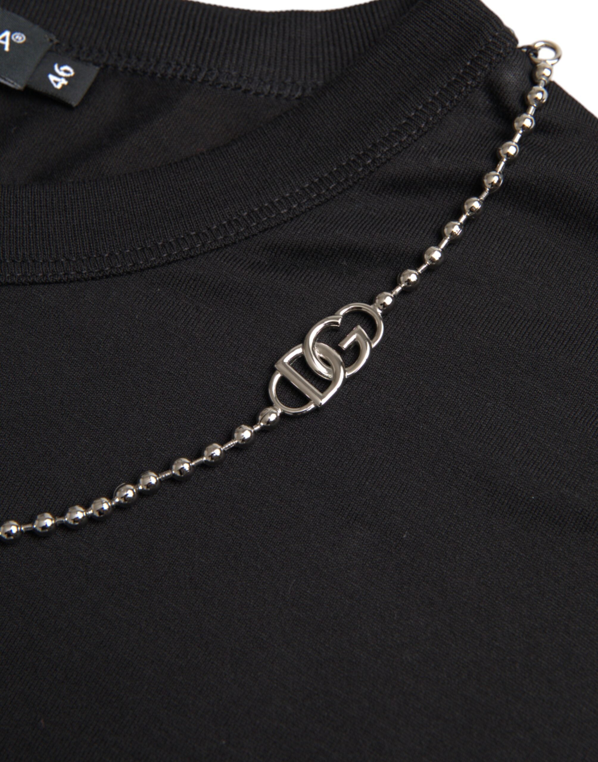 Black Cotton Silver Chain Short Sleeve T-shirt - ventzia