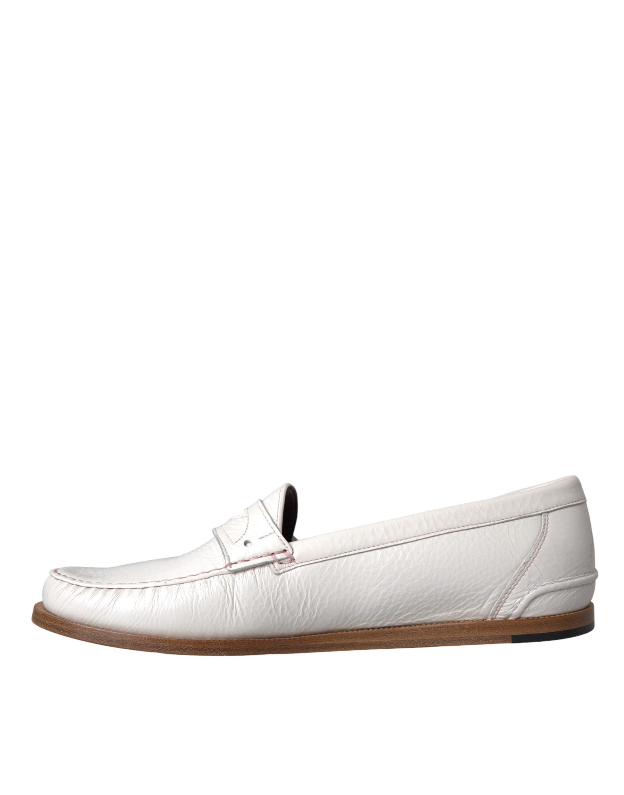 White Leather Slip On Mocassin Loafers Shoes - ventzia