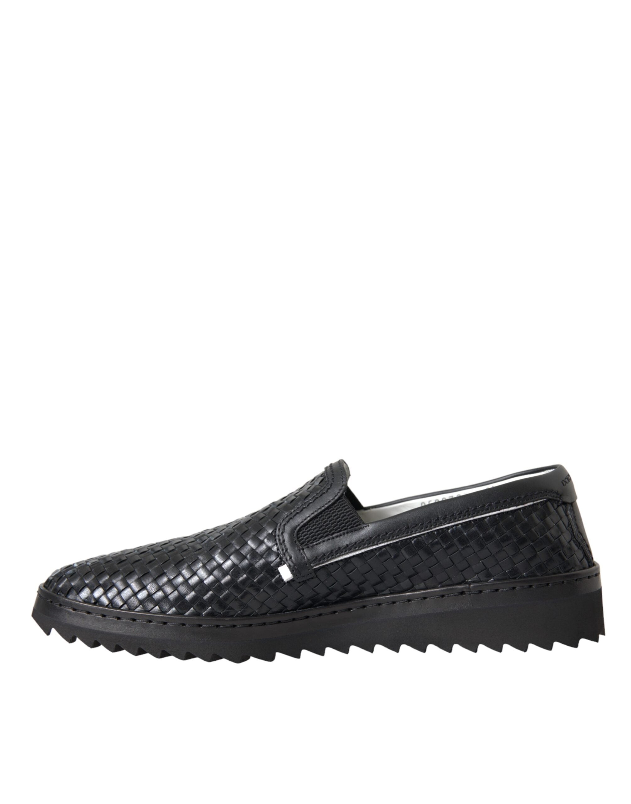 Black Woven Buffalo Leather Men Loafers Shoes - ventzia
