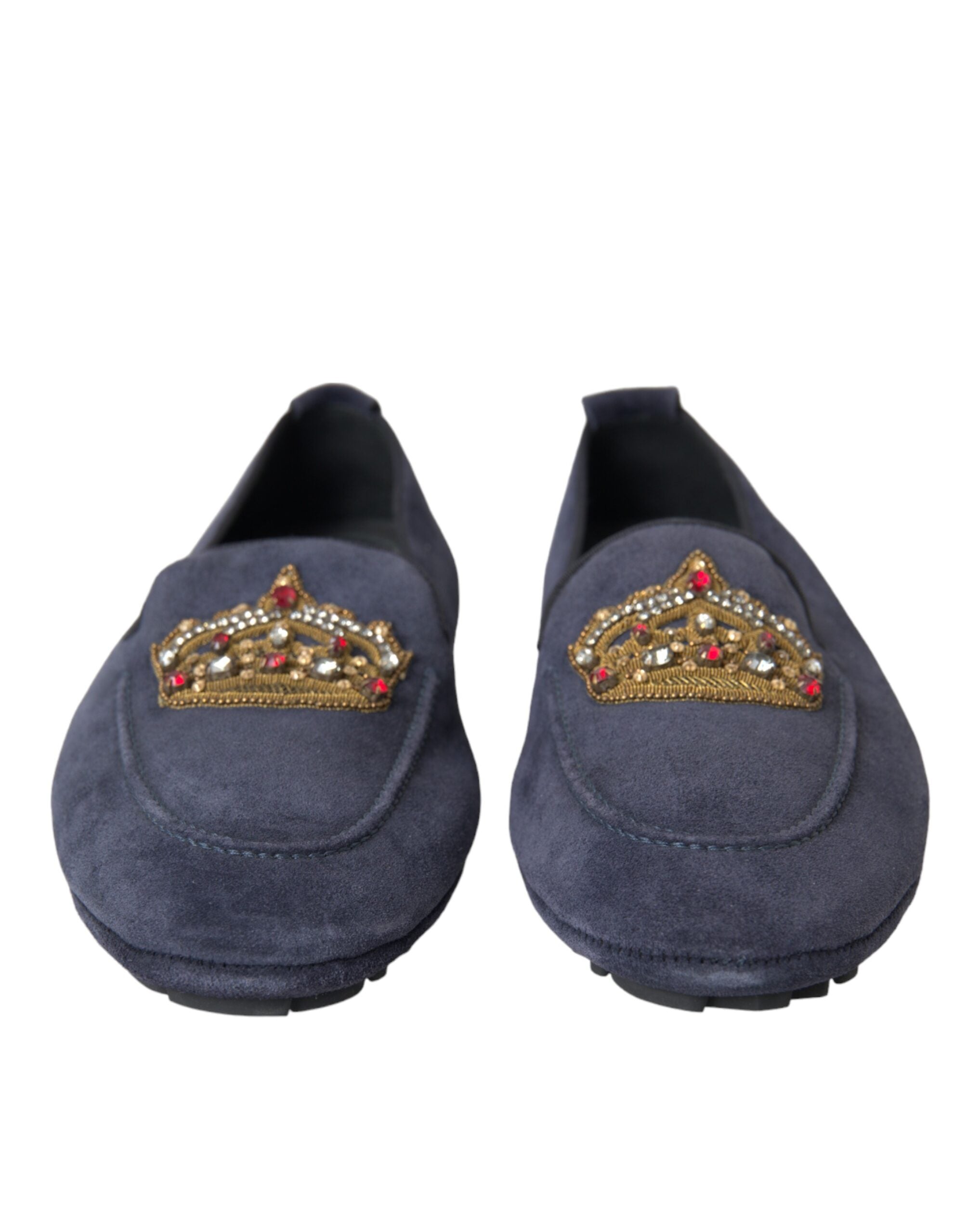 Blue Leather Suede Crystal Crown Loafers Shoes - ventzia