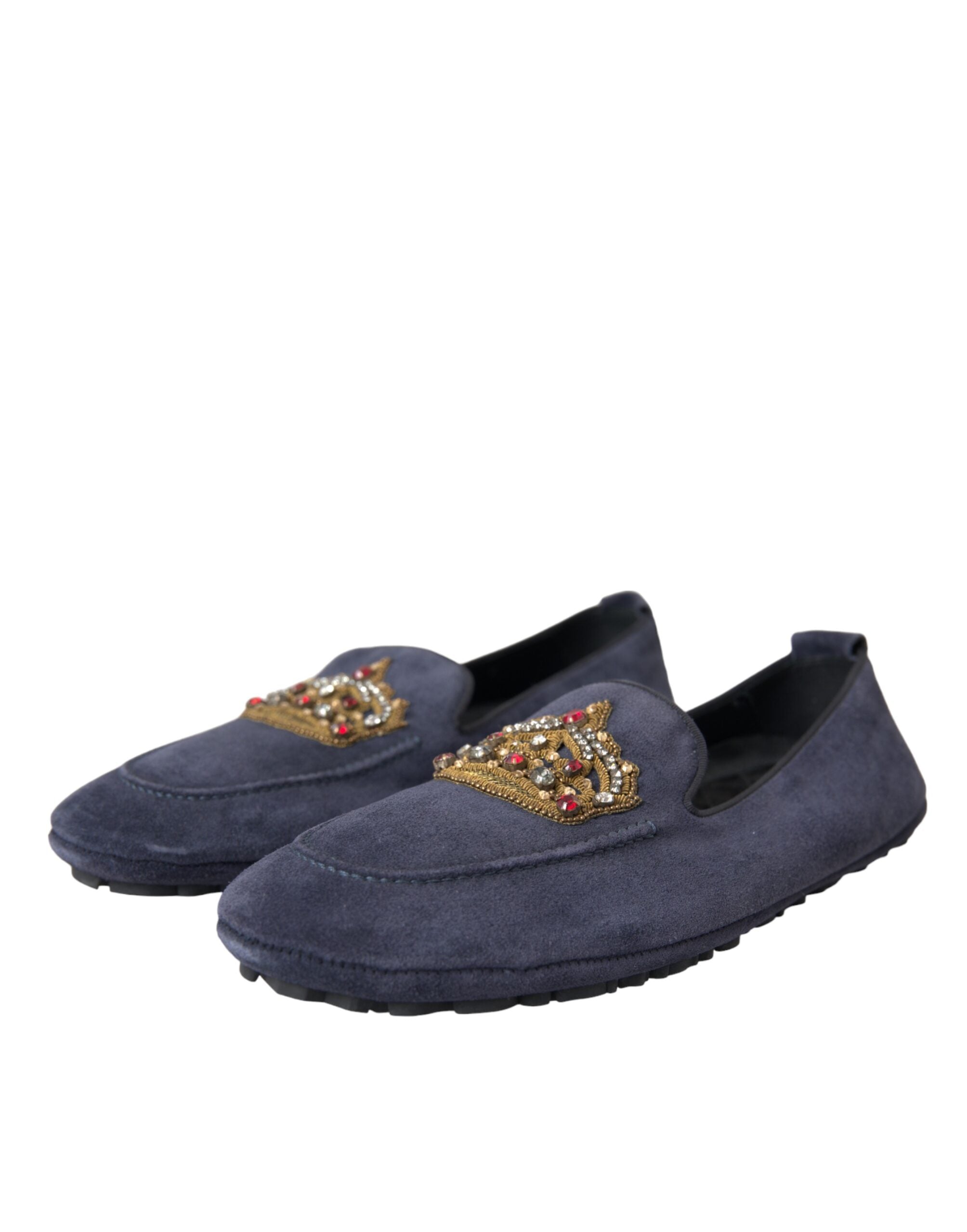 Blue Leather Suede Crystal Crown Loafers Shoes - ventzia