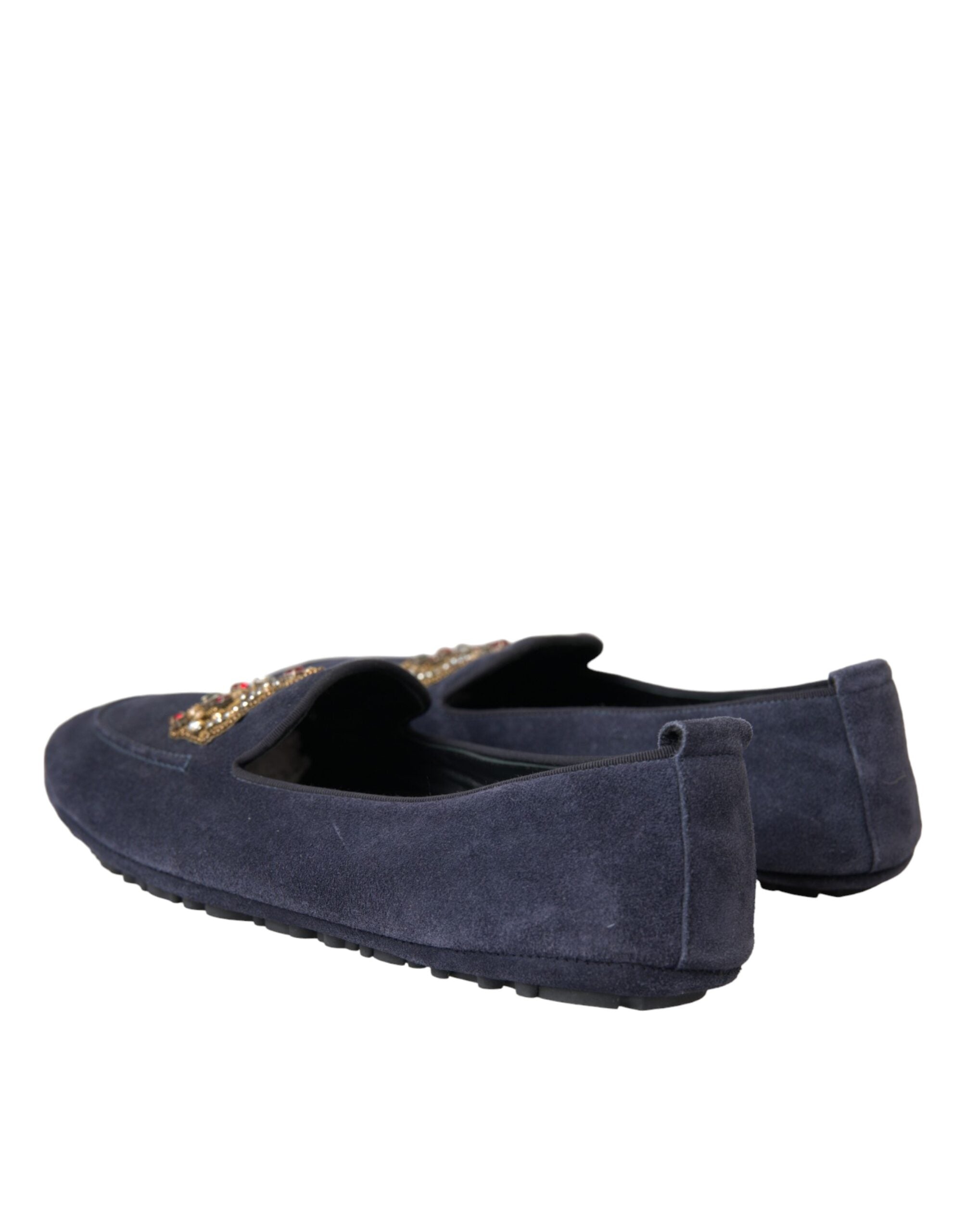Blue Leather Suede Crystal Crown Loafers Shoes - ventzia