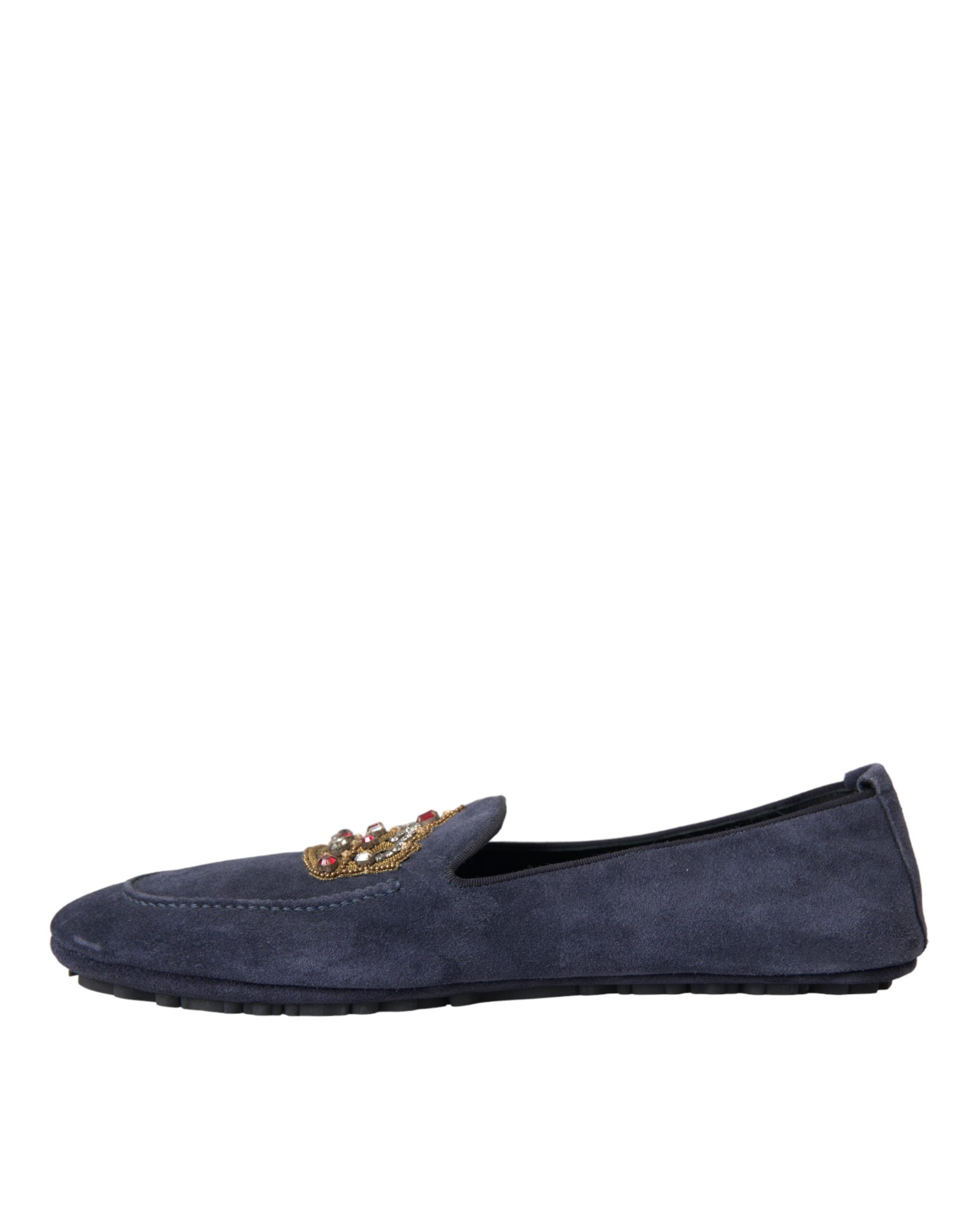 Blue Leather Suede Crystal Crown Loafers Shoes - ventzia
