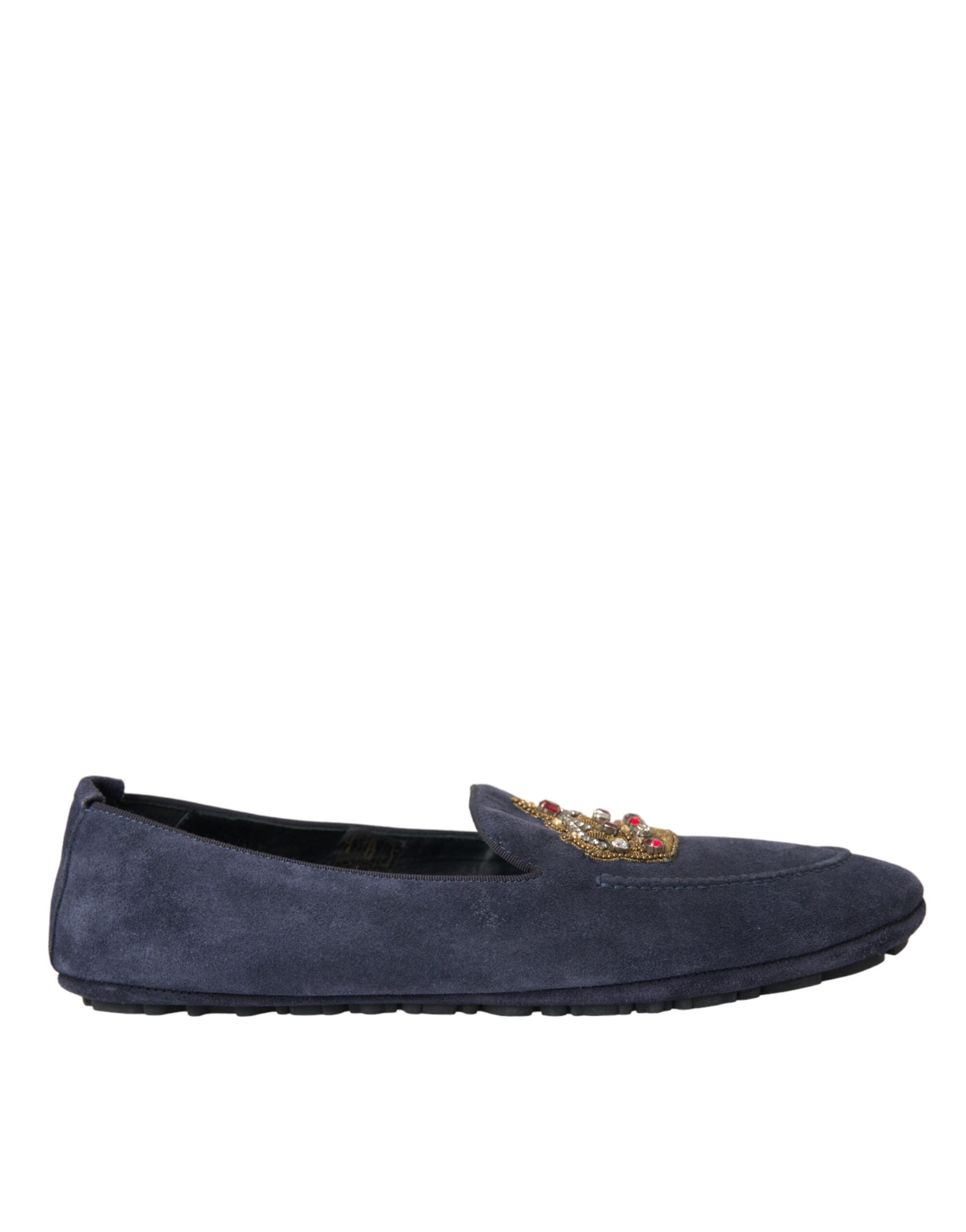 Blue Leather Suede Crystal Crown Loafers Shoes - ventzia