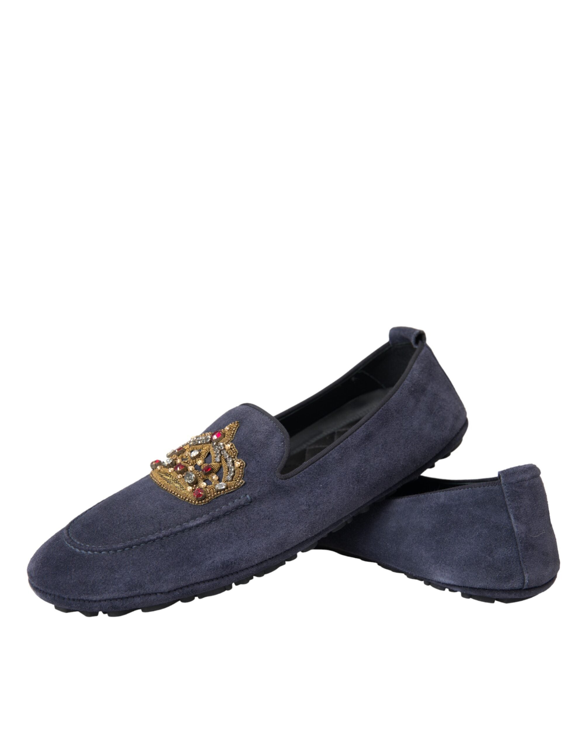Blue Leather Suede Crystal Crown Loafers Shoes - ventzia