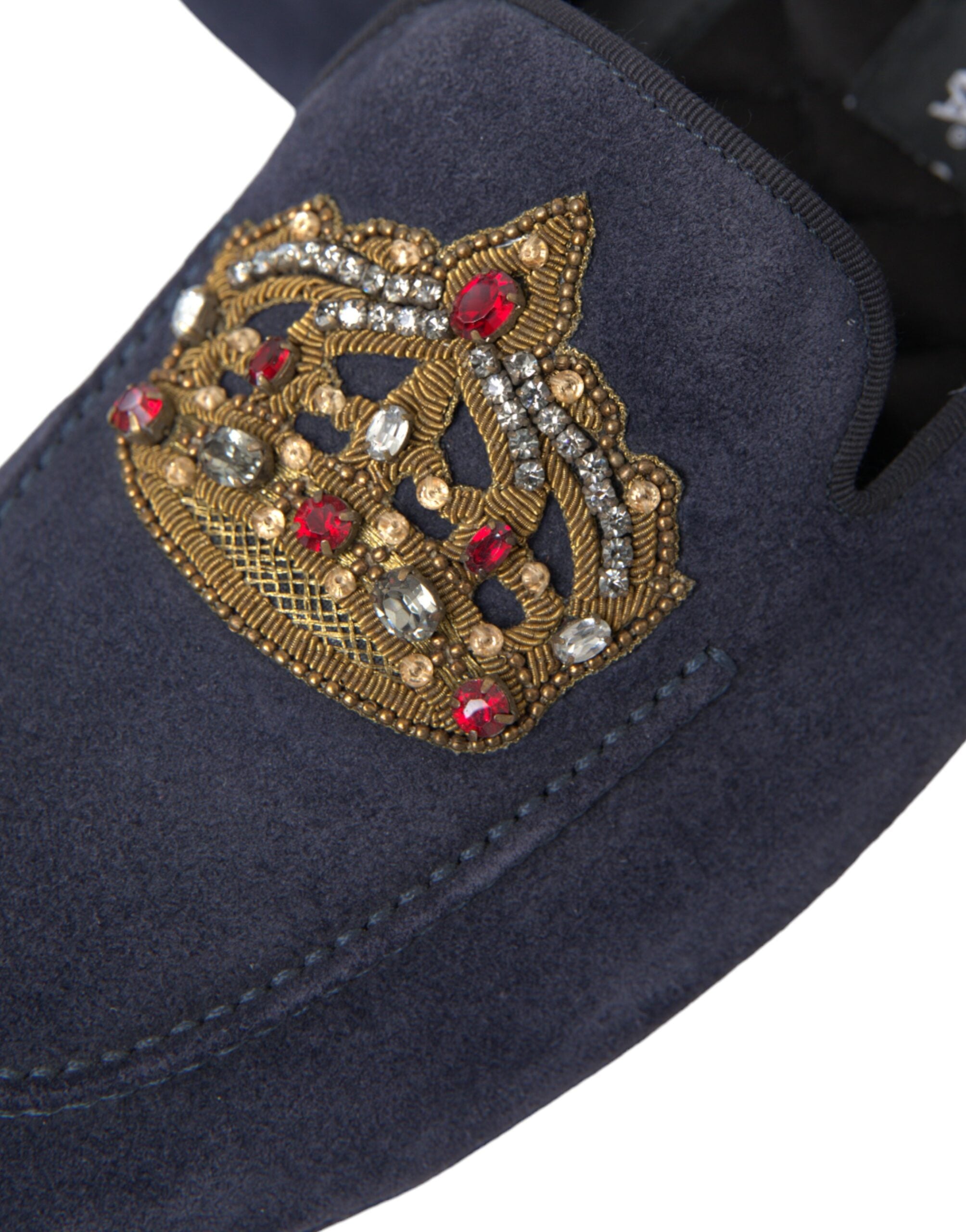 Blue Leather Suede Crystal Crown Loafers Shoes - ventzia