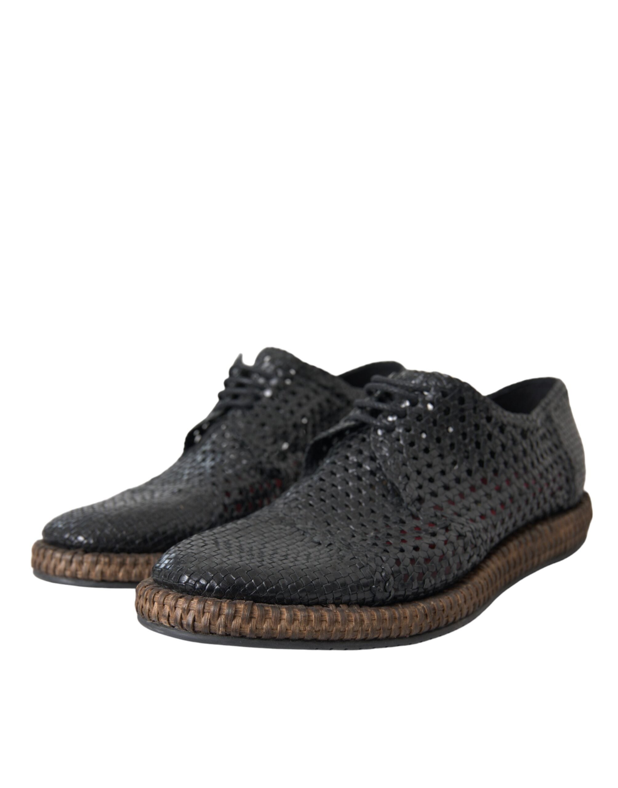 Black Woven Goat Leather Lace Up Derby Shoes - ventzia