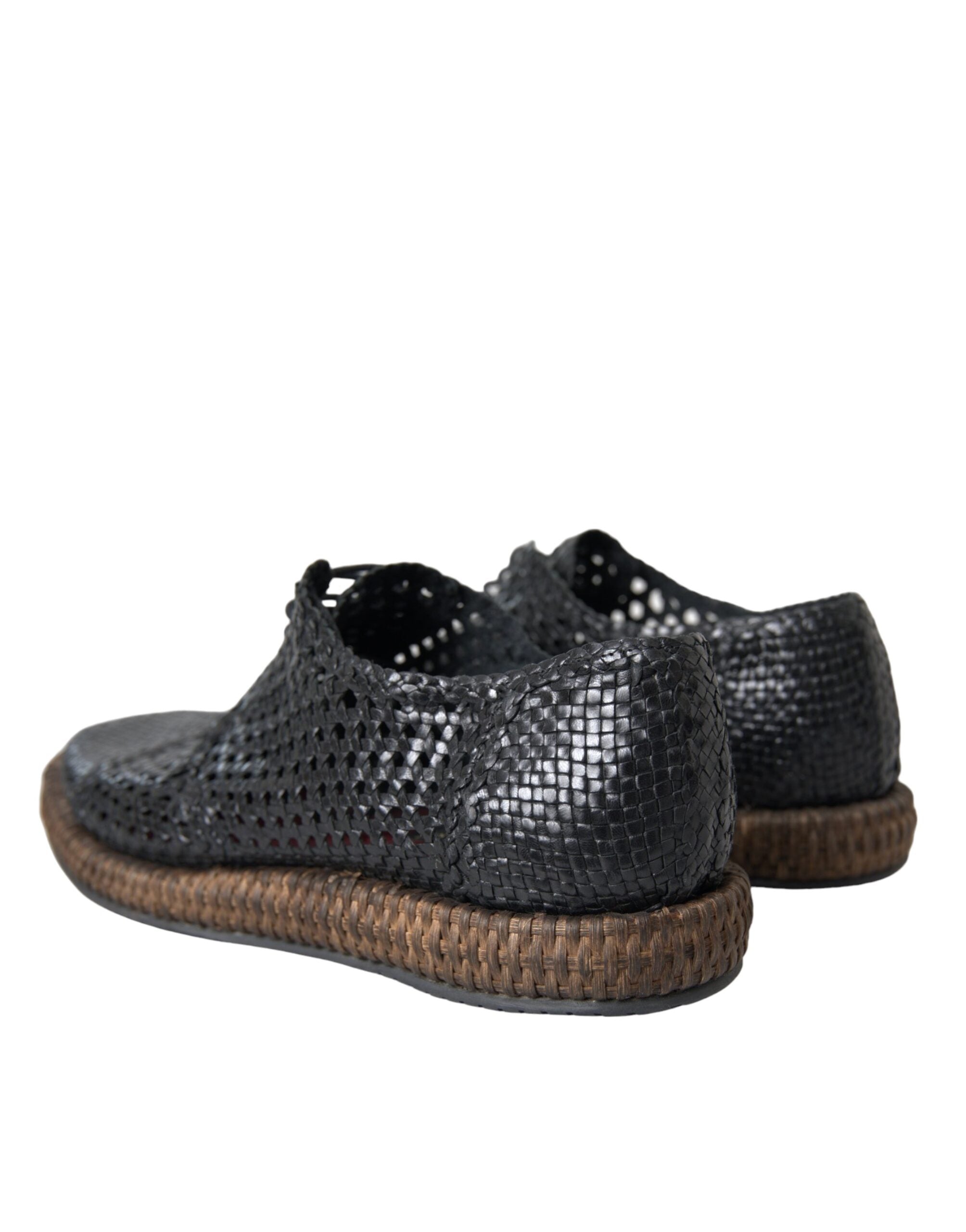 Black Woven Goat Leather Lace Up Derby Shoes - ventzia