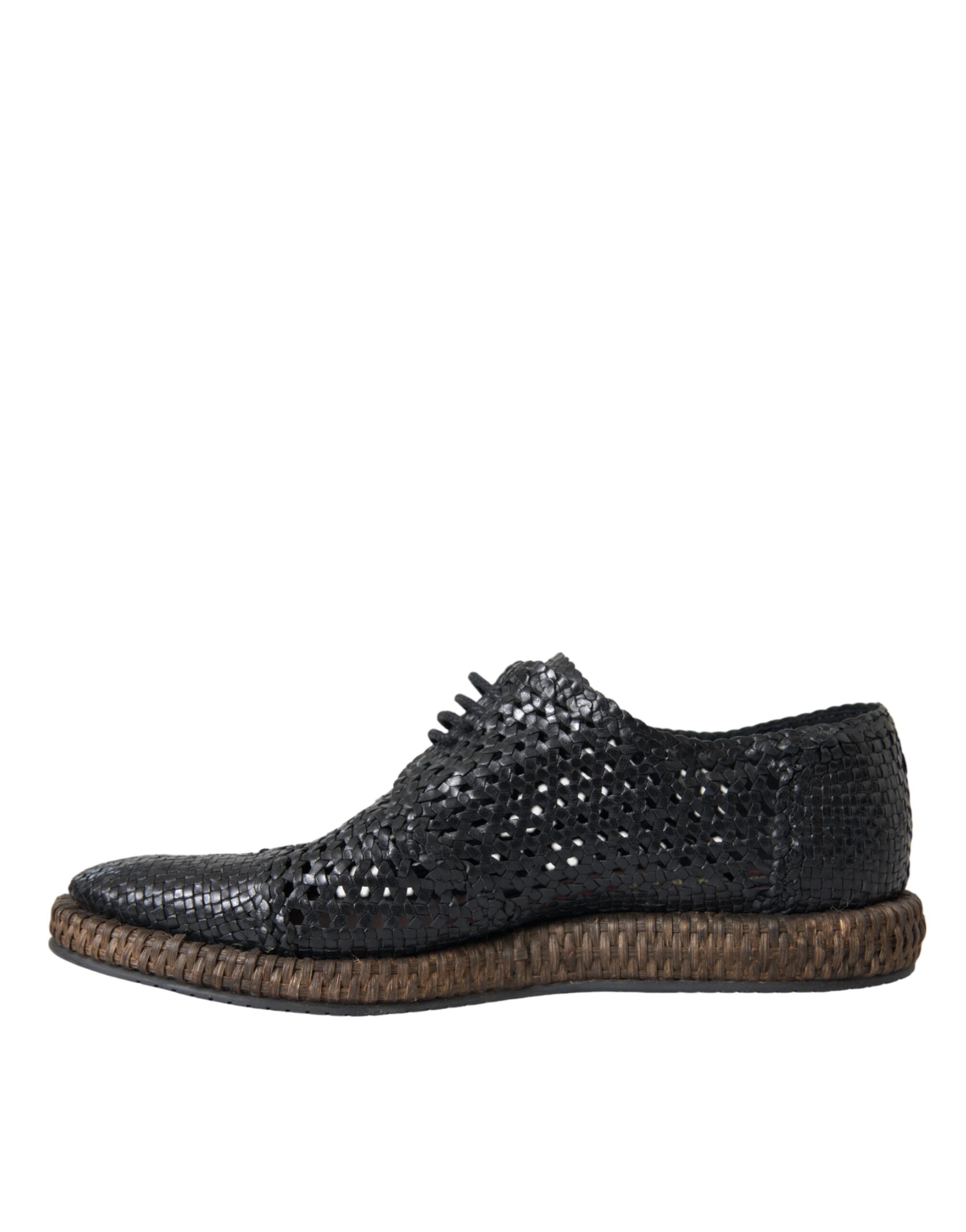 Black Woven Goat Leather Lace Up Derby Shoes - ventzia
