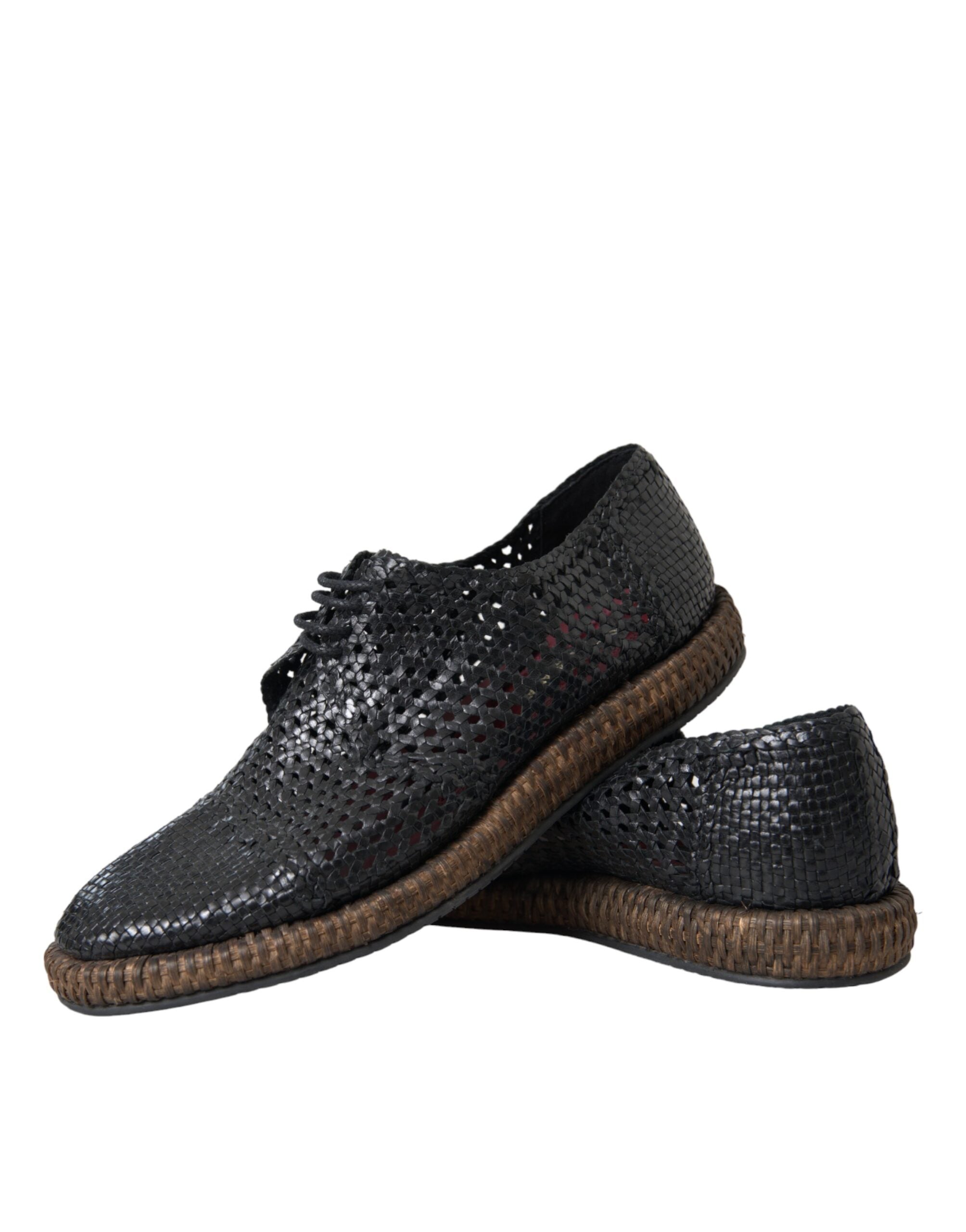 Black Woven Goat Leather Lace Up Derby Shoes - ventzia