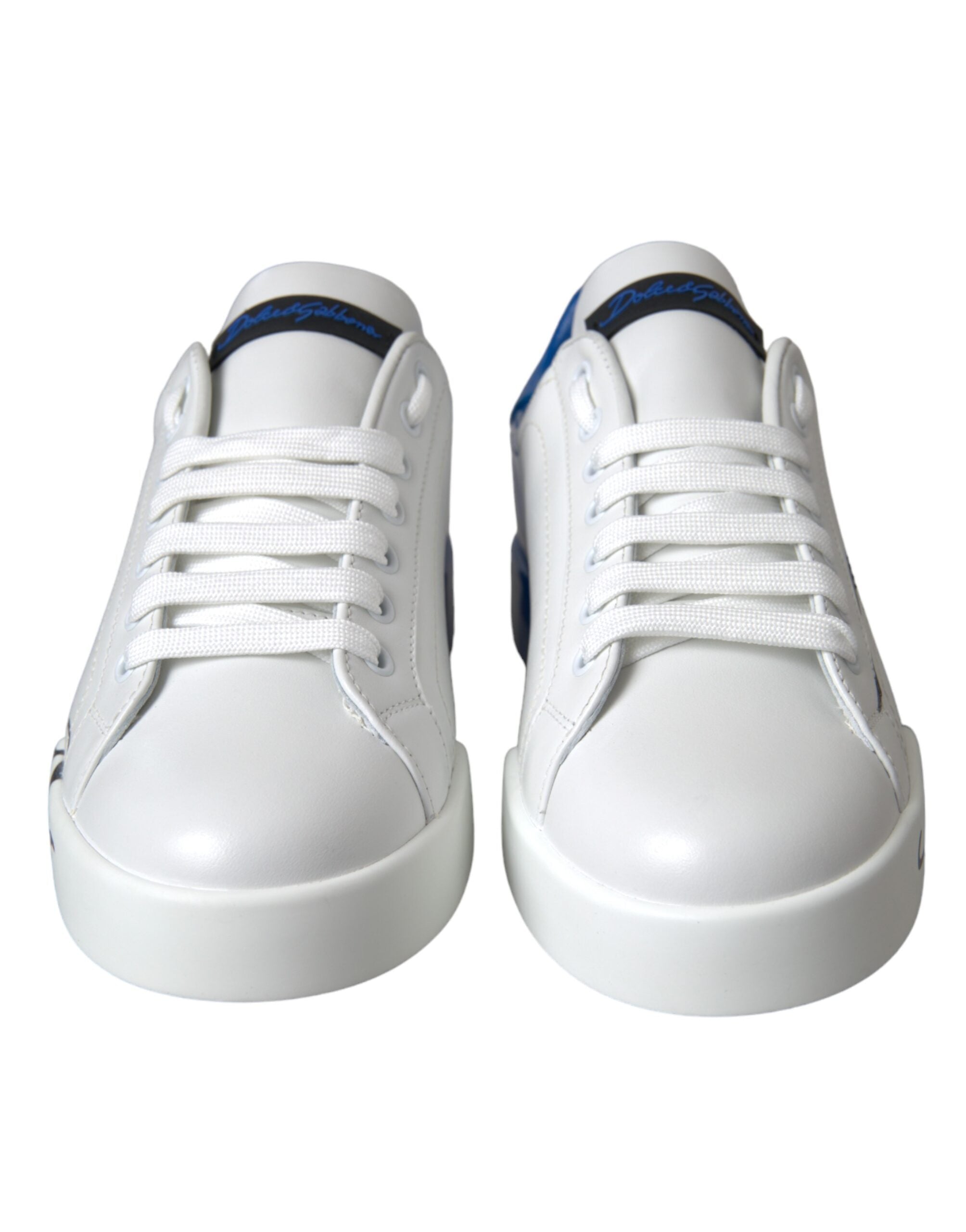 White Blue Leather Logo Low Top Sneakers Shoes - ventzia