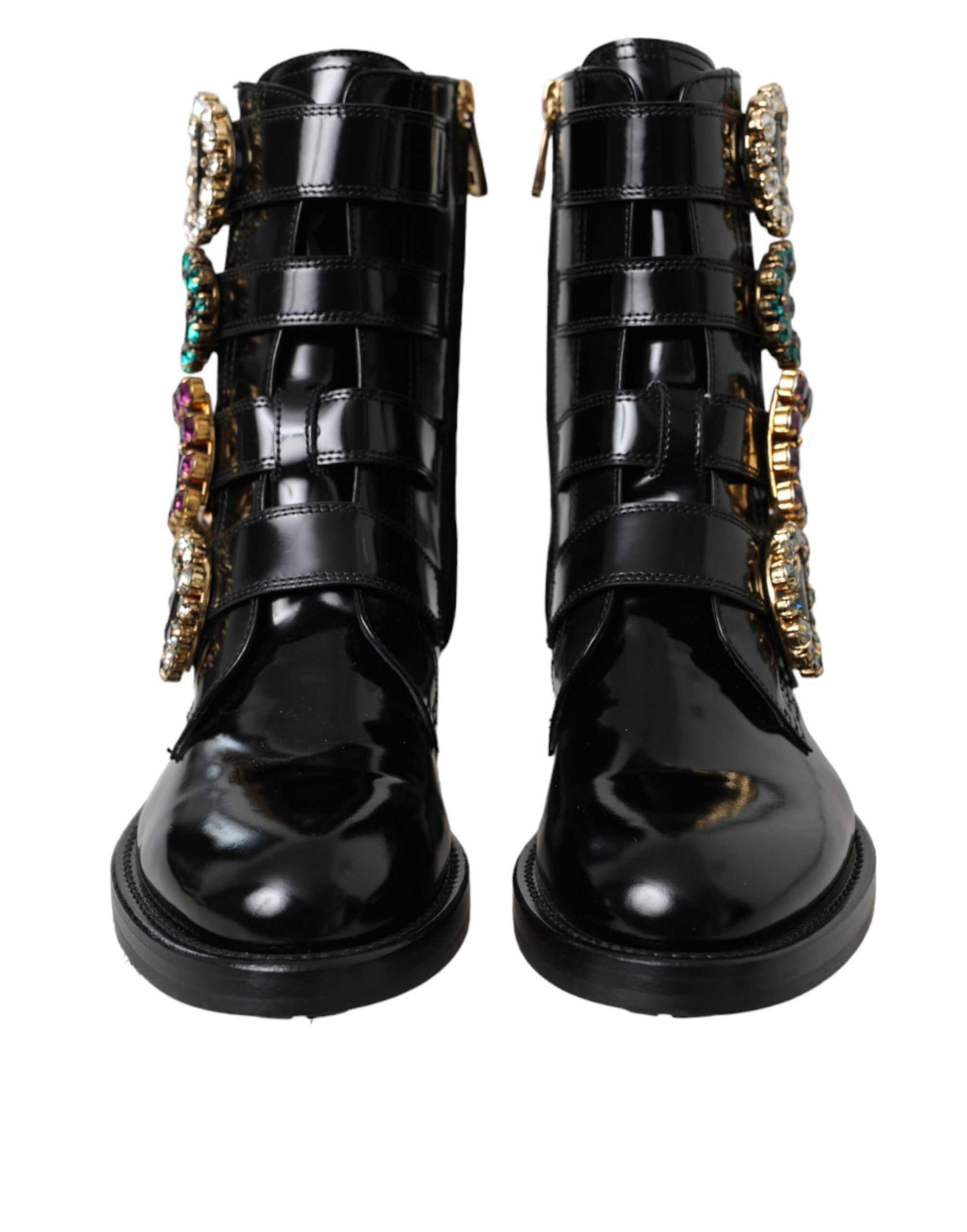 Black Leather Crystal Buckles Boots Shoes - ventzia