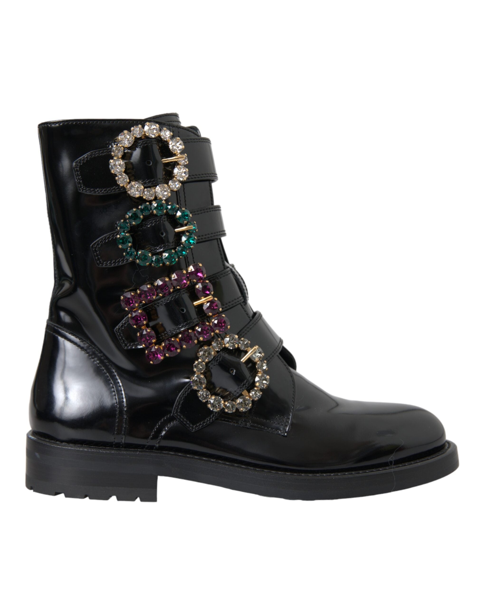 Black Leather Crystal Buckles Boots Shoes - ventzia