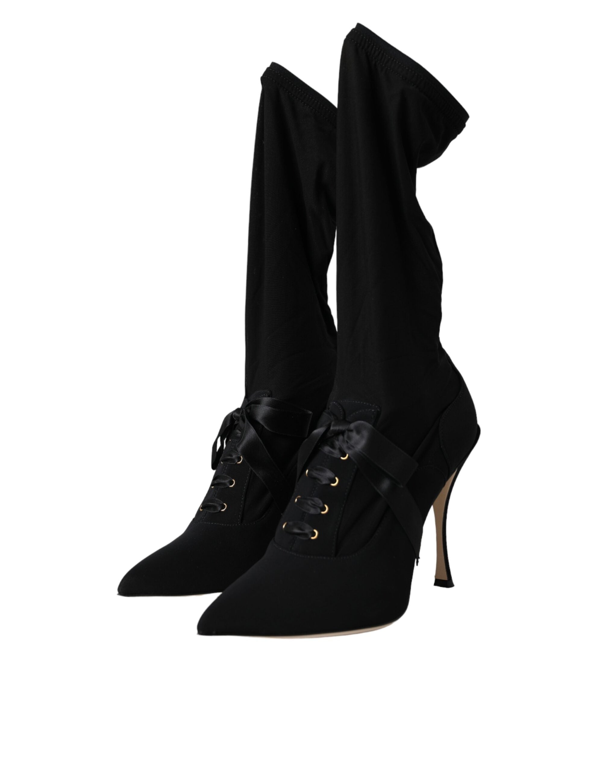Black Stiletto Heels Mid Calf Boots Shoes - ventzia