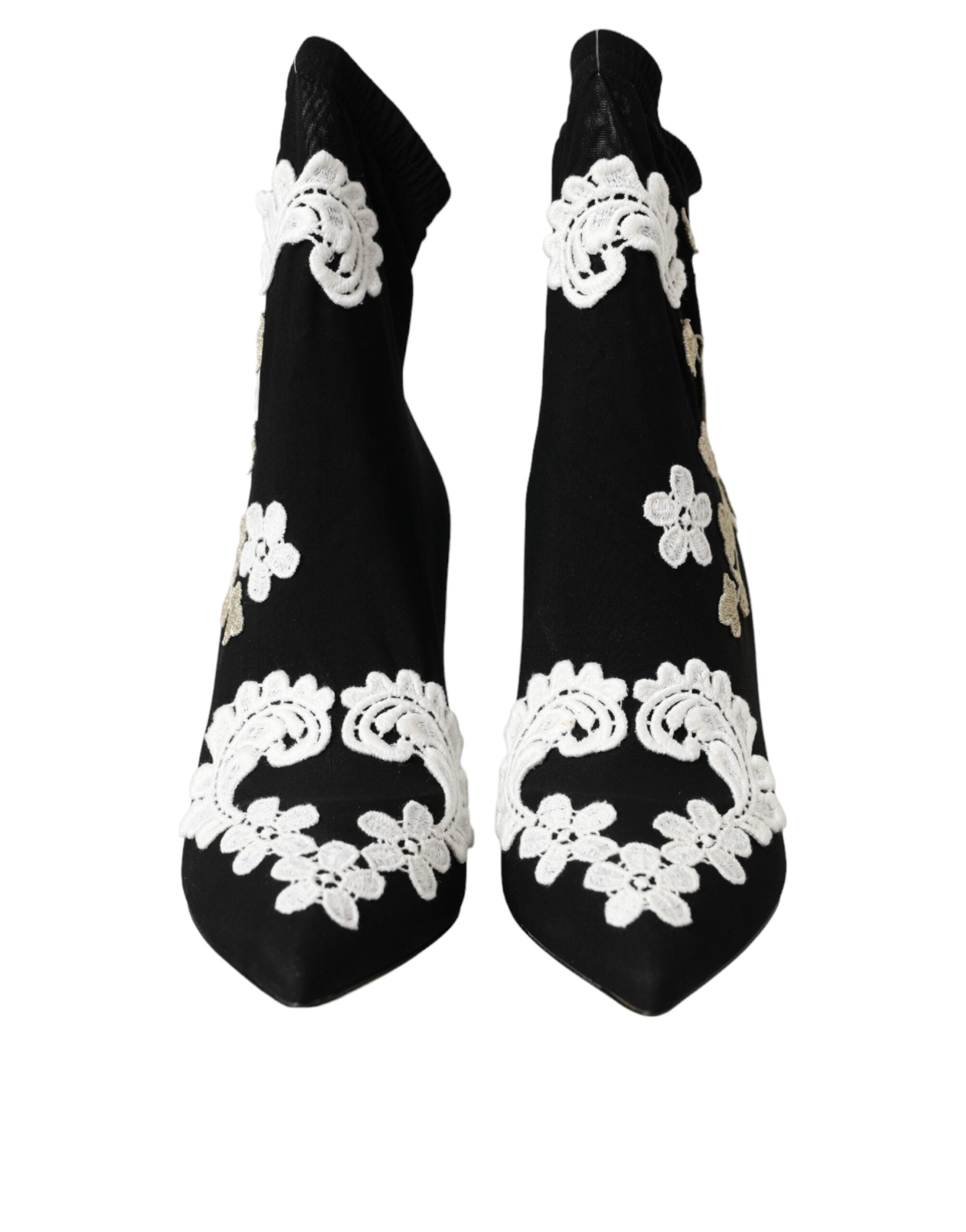 Black White Embroidery Slip On Boots Shoes - ventzia
