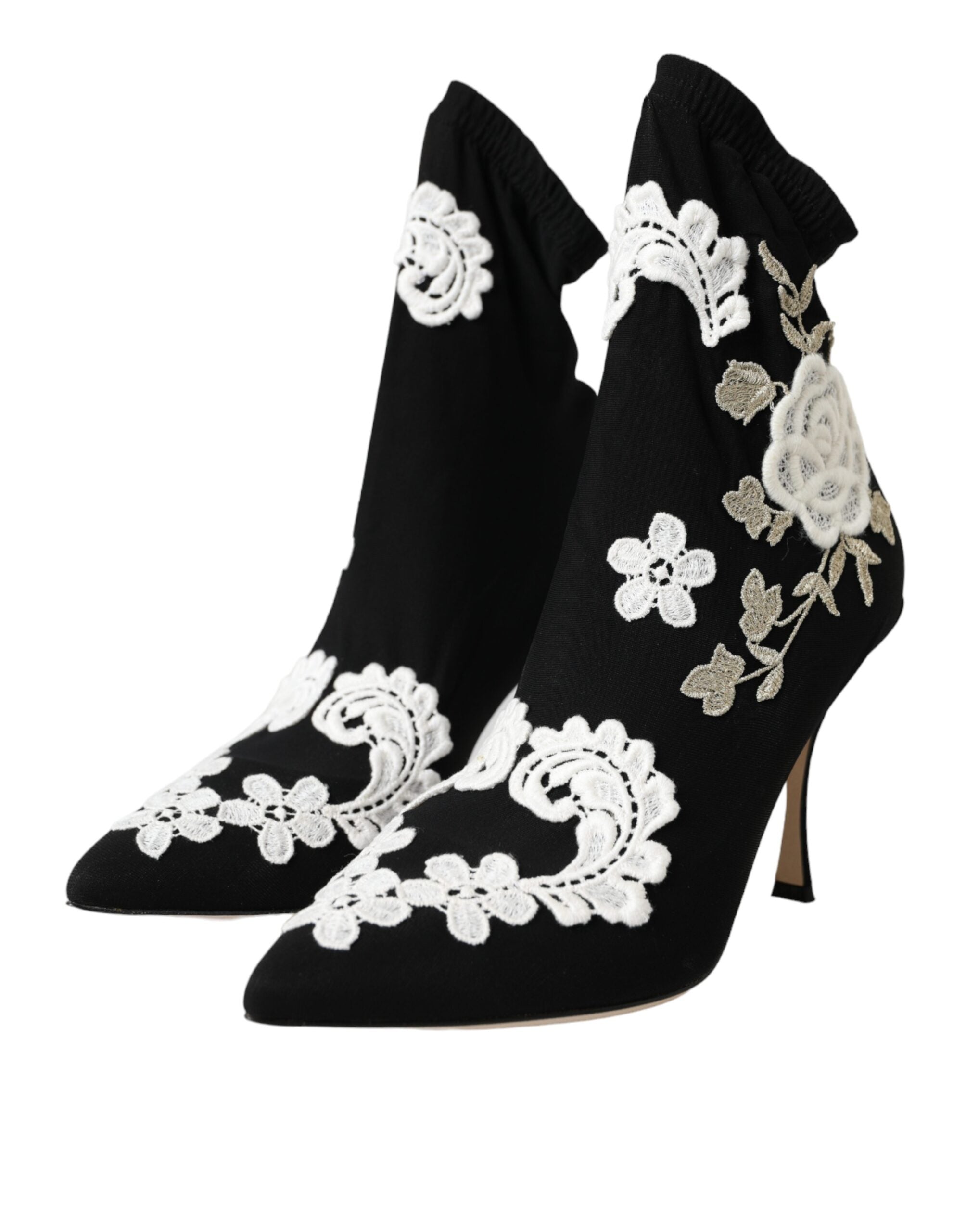 Black White Embroidery Slip On Boots Shoes - ventzia